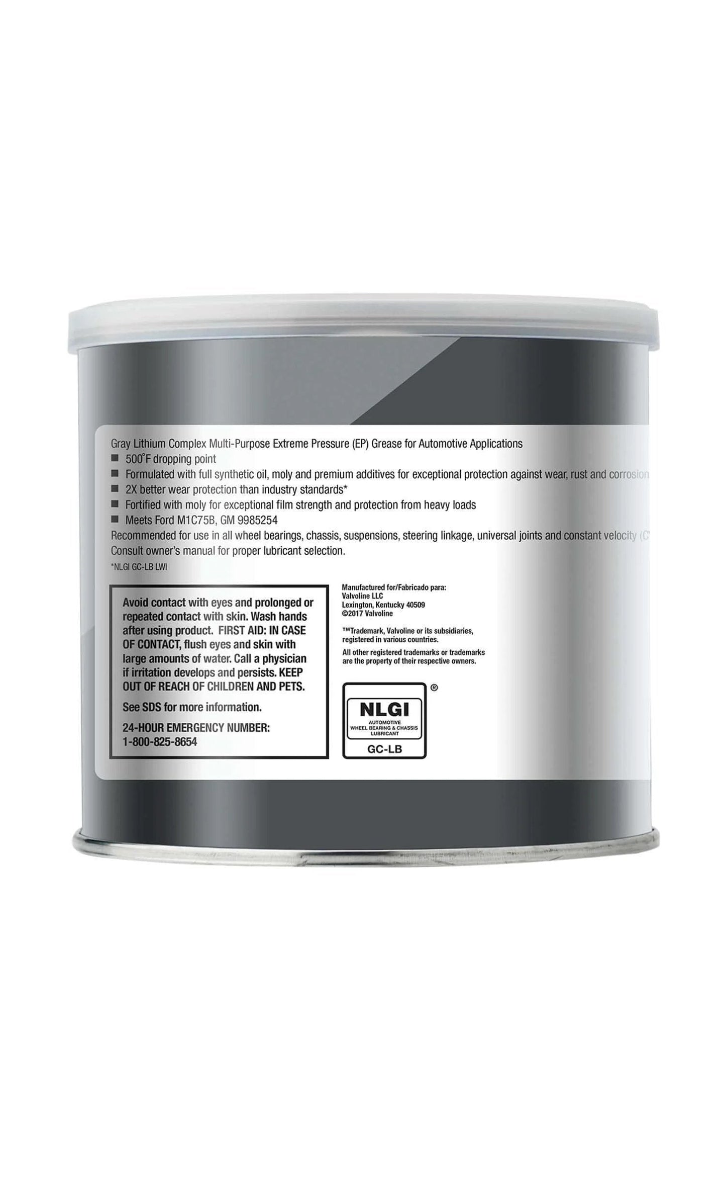 Back label view of Valvoline - VV986 Moly-Fortified Gray Full Synthetic Grease 1 LB, showing product details and instructions.