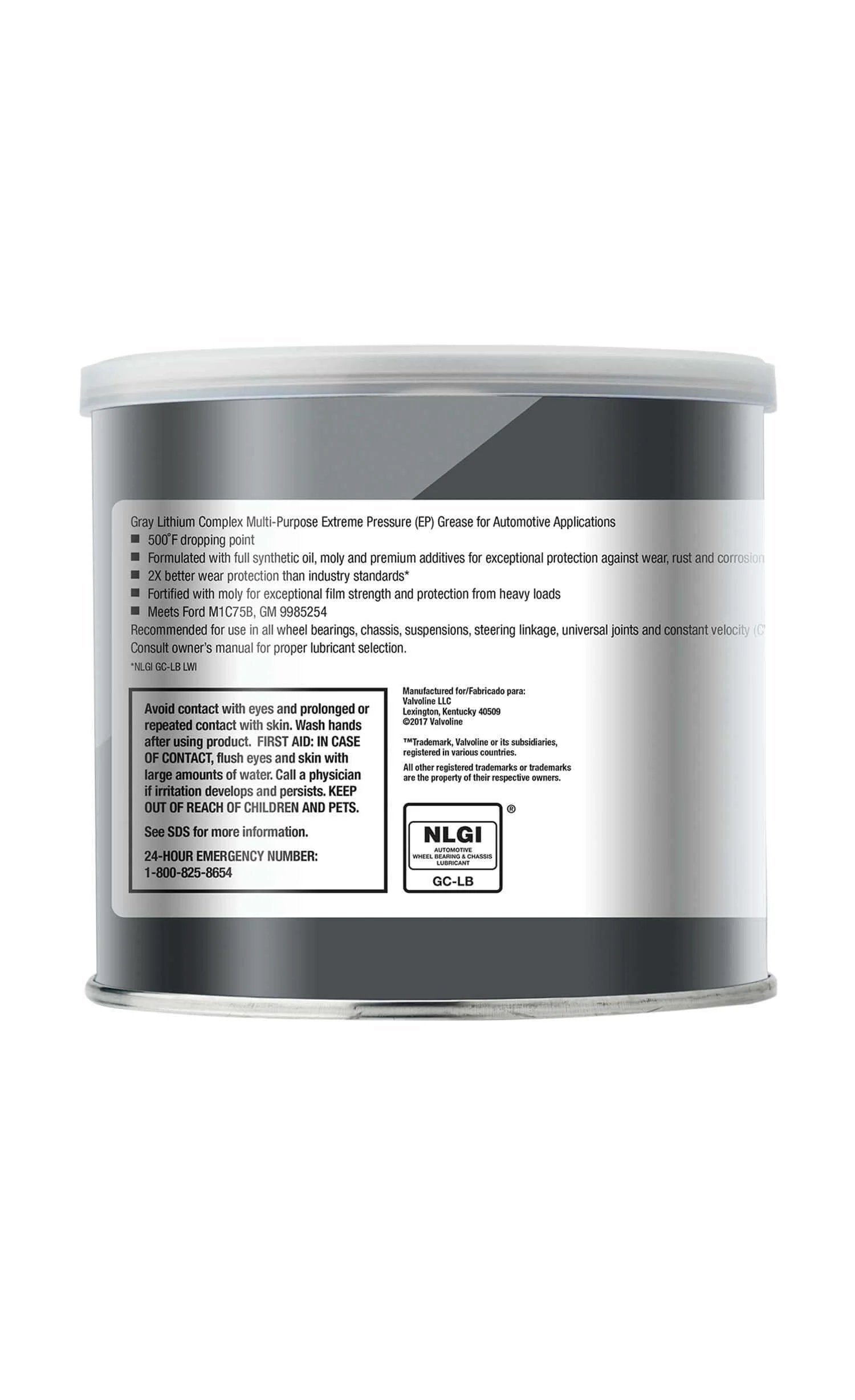 Back label view of Valvoline - VV986 Moly-Fortified Gray Full Synthetic Grease 1 LB, showing product details and instructions.