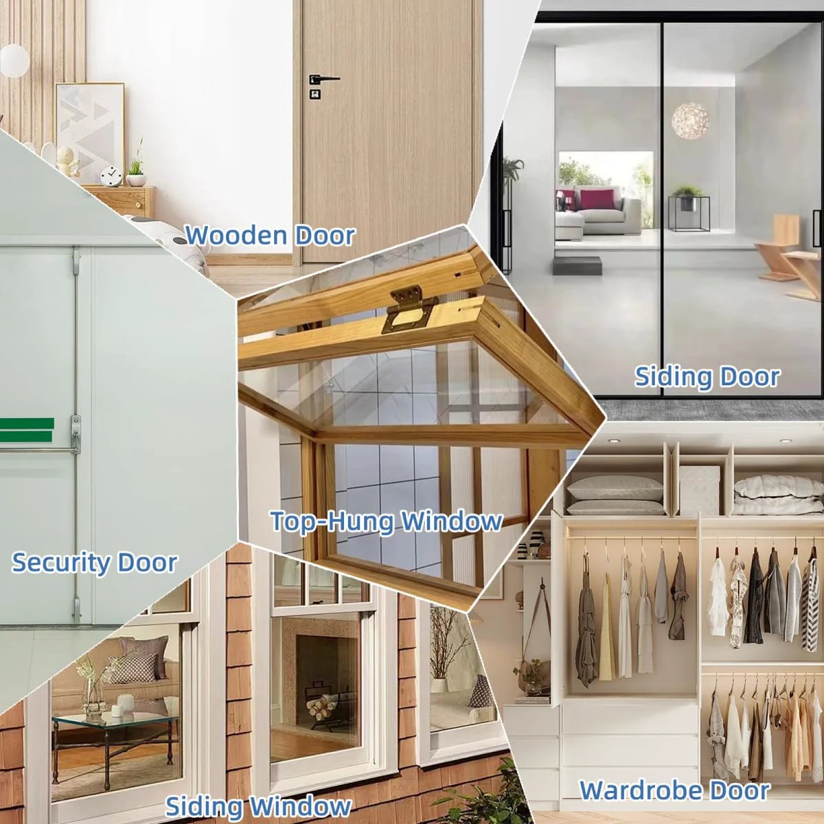 Various door and window types including wooden doors, siding doors, security doors, top-hung windows, and wardrobe doors.