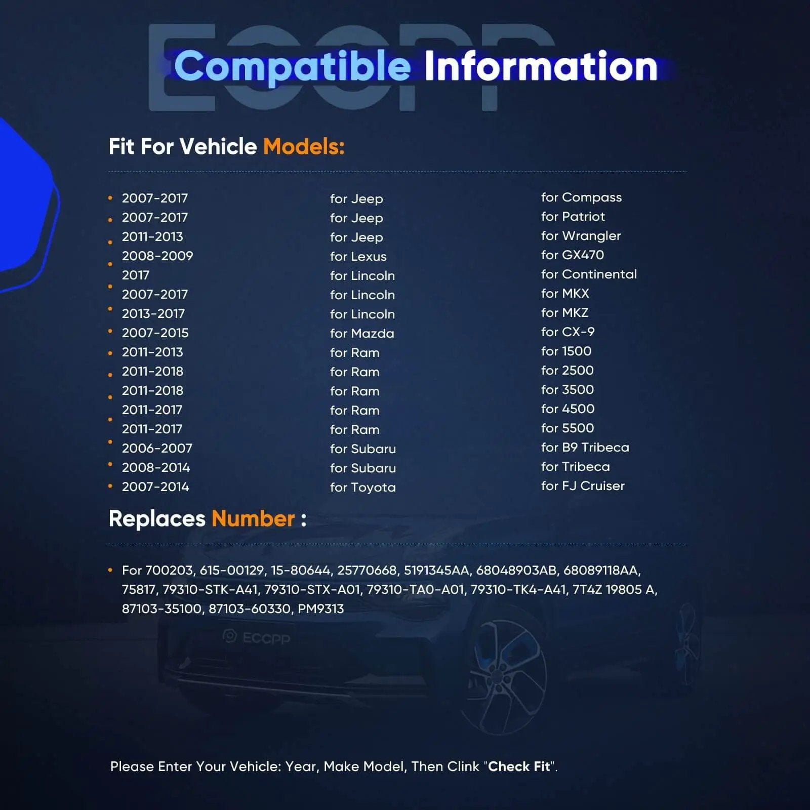 Vehicle compatibility list for AC Blower Motor 700203 Compatible With Acura MDX TL RDX TLX TSX 2007 2017 And Honda Accord.