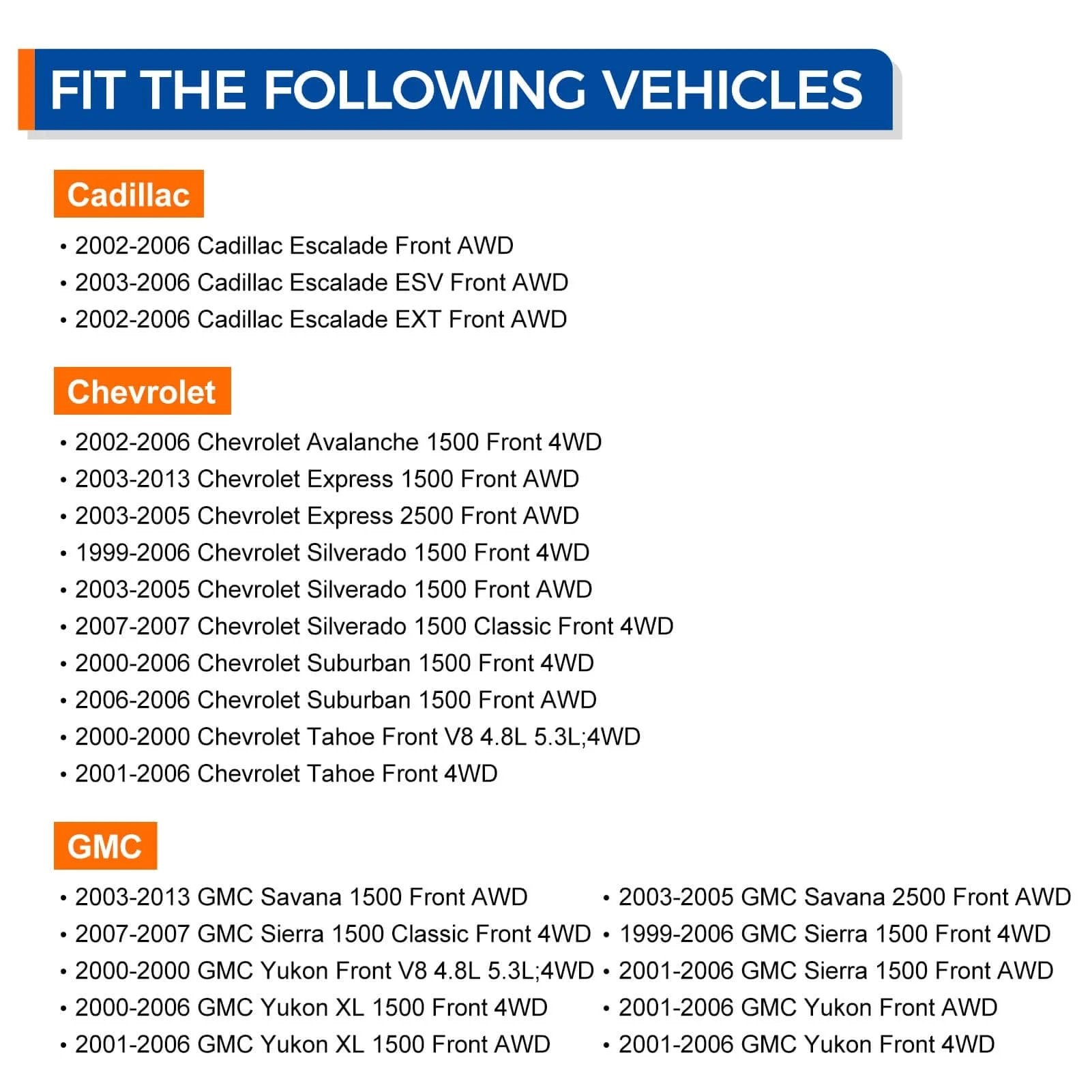 Vehicle compatibility list for 515036 Front Wheel Hub Bearing Assembly for 4WD AWD Chevy, GMC, Cadillac models from 1999-2013.