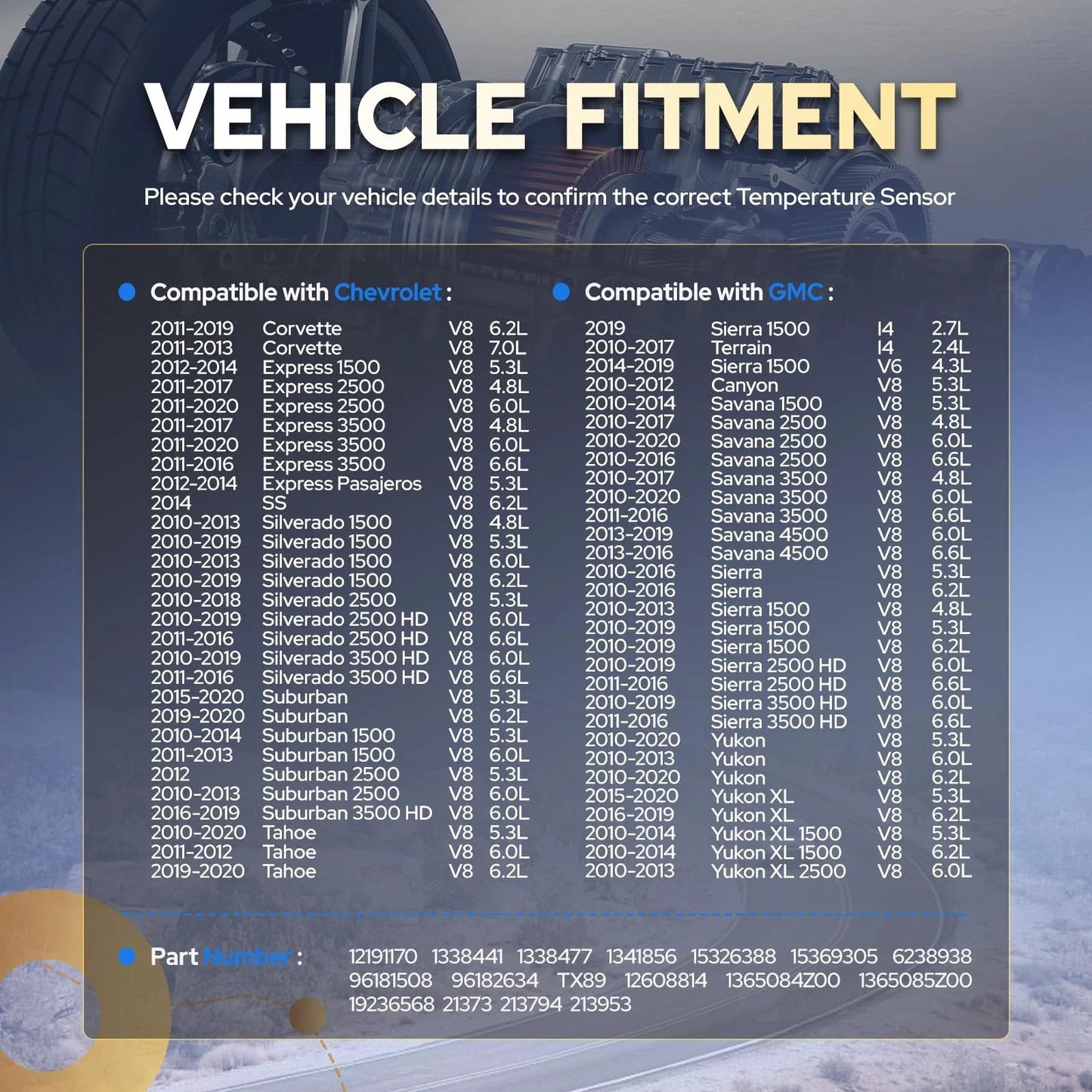 List of vehicle fitment details for Engine Coolant Temperature Sensor For Chevy Silverado 1500 2500HD 3500HD Camaro CTS G5.