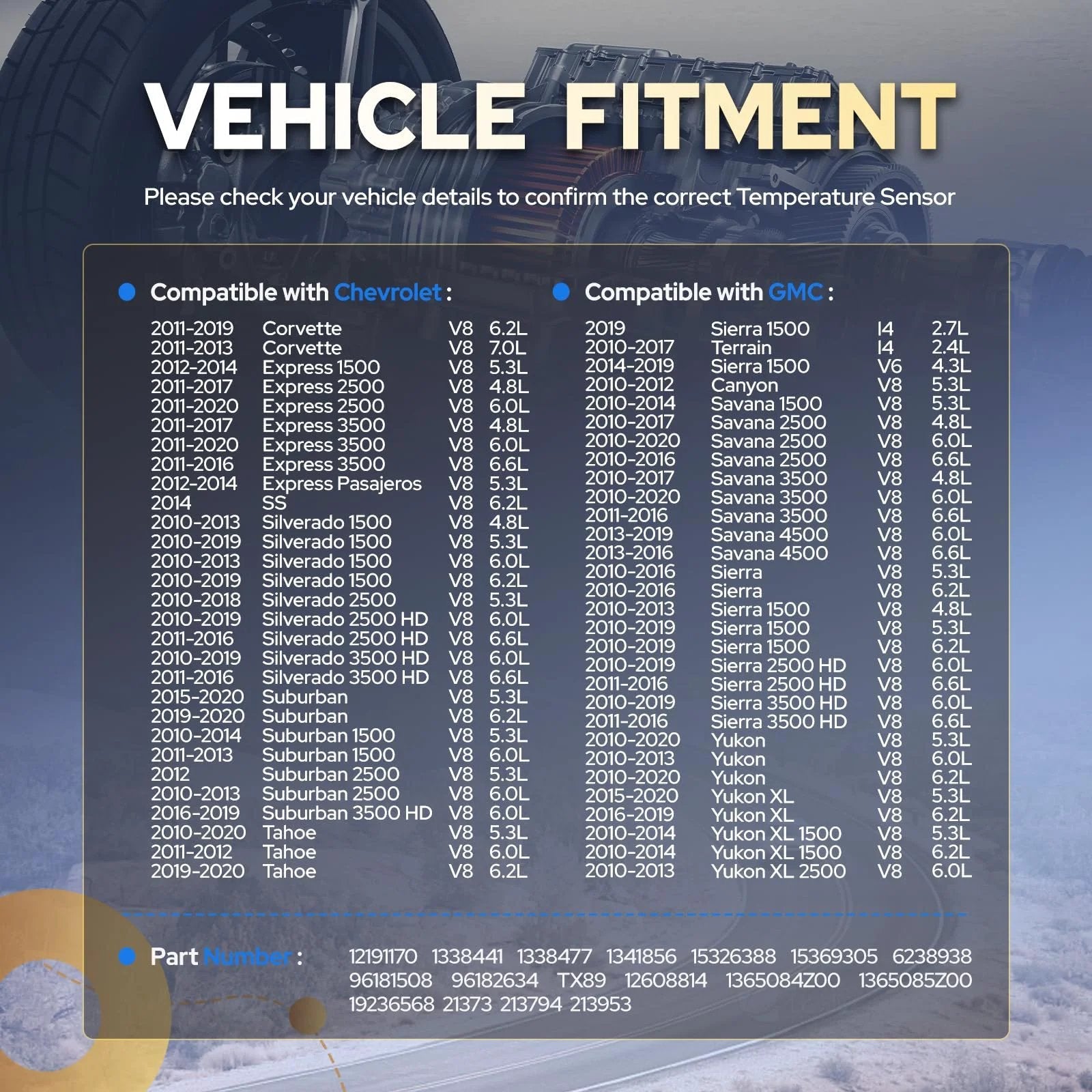 List of vehicle fitment details for Engine Coolant Temperature Sensor For Chevy Silverado 1500 2500HD 3500HD Camaro CTS G5.