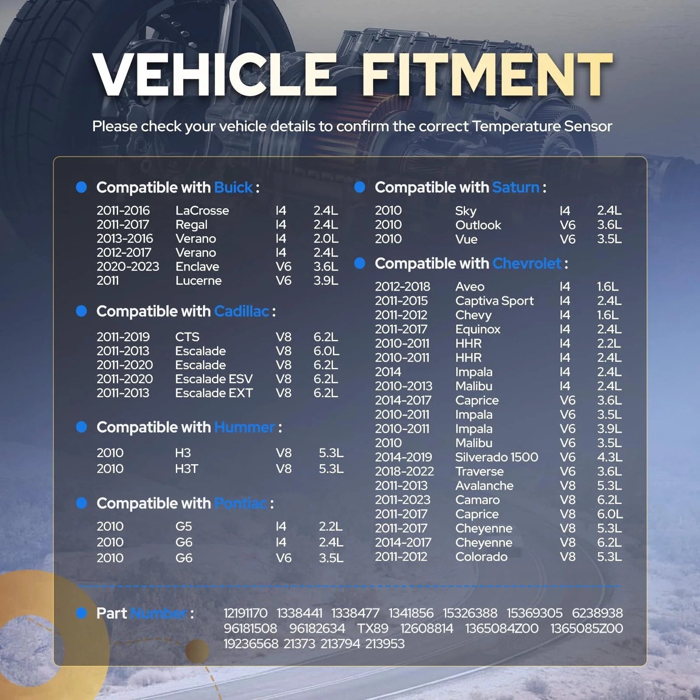 Vehicle fitment chart for Engine Coolant Temperature Sensor for Chevy Silverado 1500 2500HD 3500HD Camaro CTS G5 and more.