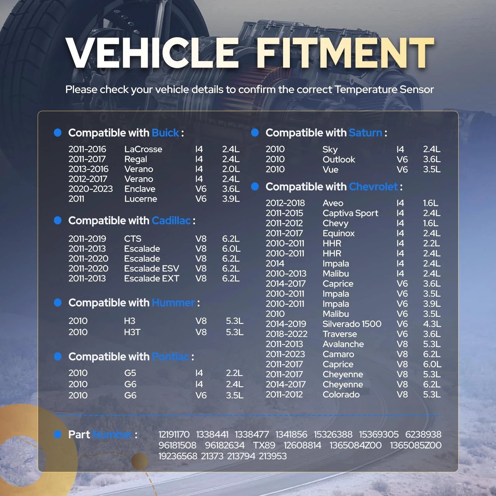 Vehicle fitment chart for Engine Coolant Temperature Sensor for Chevy Silverado 1500 2500HD 3500HD Camaro CTS G5 and more.