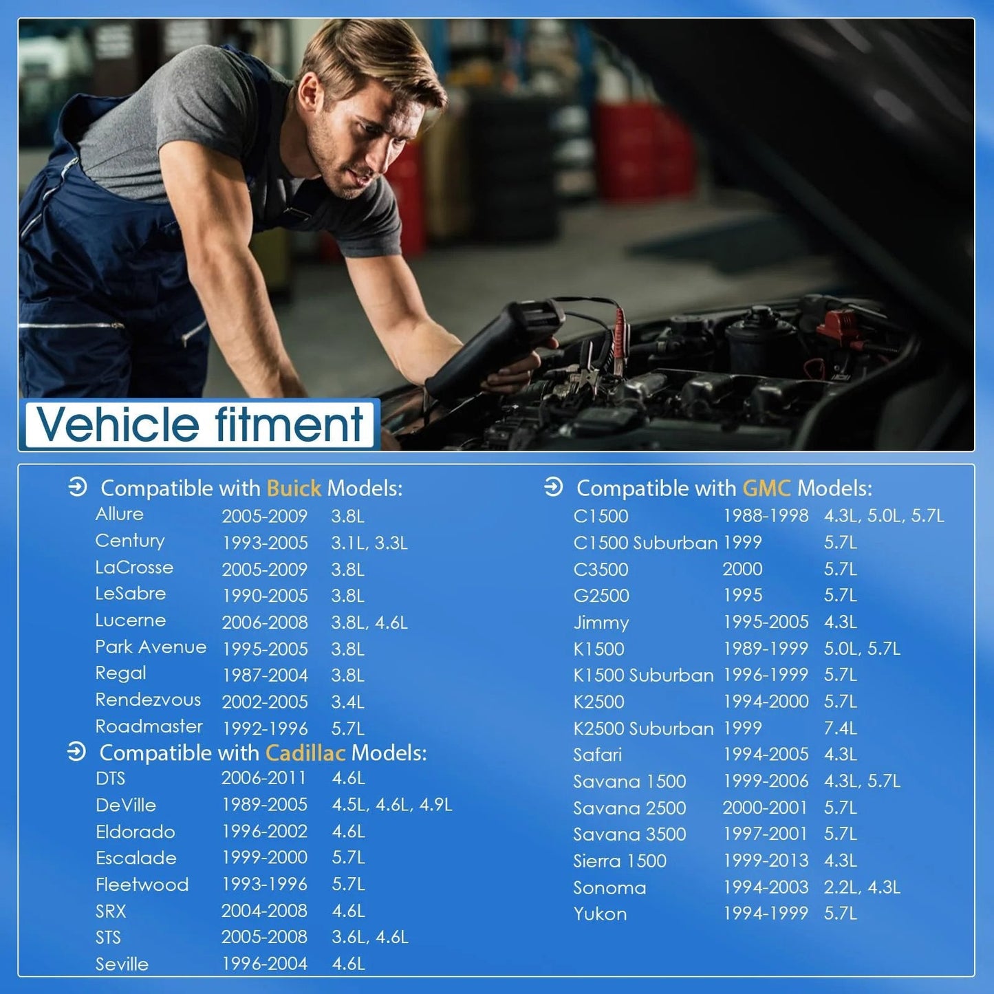Vehicle fitment list for Coolant Temperature Sensor Replacement For GM Cars And Trucks 1986-2007 3.8L 4.3L 4.6L 213-928.