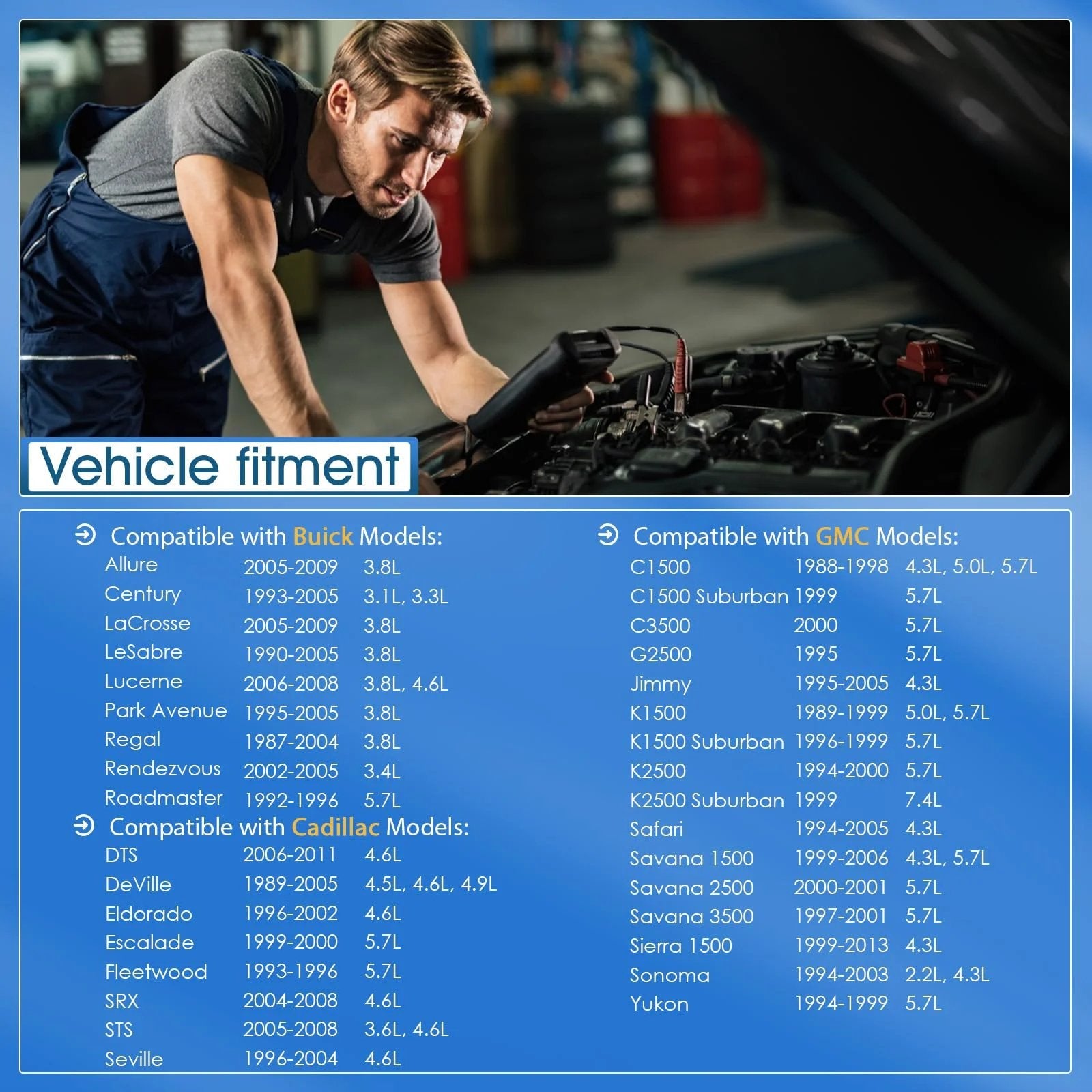 Vehicle fitment list for Coolant Temperature Sensor Replacement For GM Cars And Trucks 1986-2007 3.8L 4.3L 4.6L 213-928.