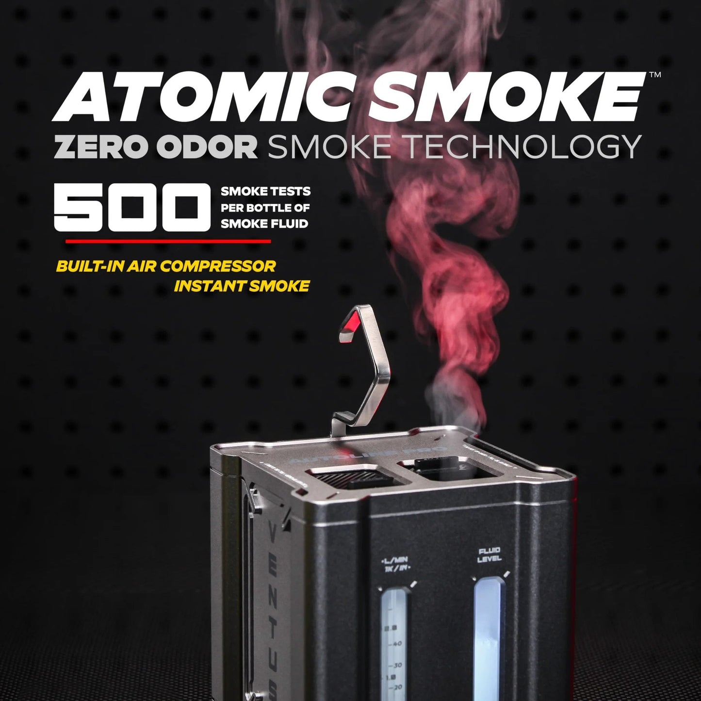 Ventus Smoke Machine Leak Tester For EVAP And Vacuum Systems with built-in air compressor, black body, and smoke test in progress.