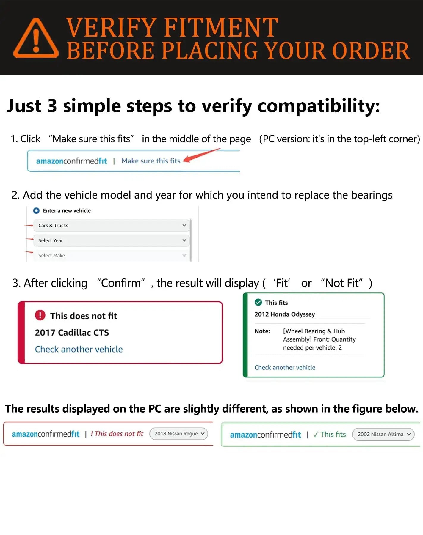 Instructions for verifying vehicle fitment for 512388 Rear Wheel Bearing Hub Assembly on a compatibility check website.