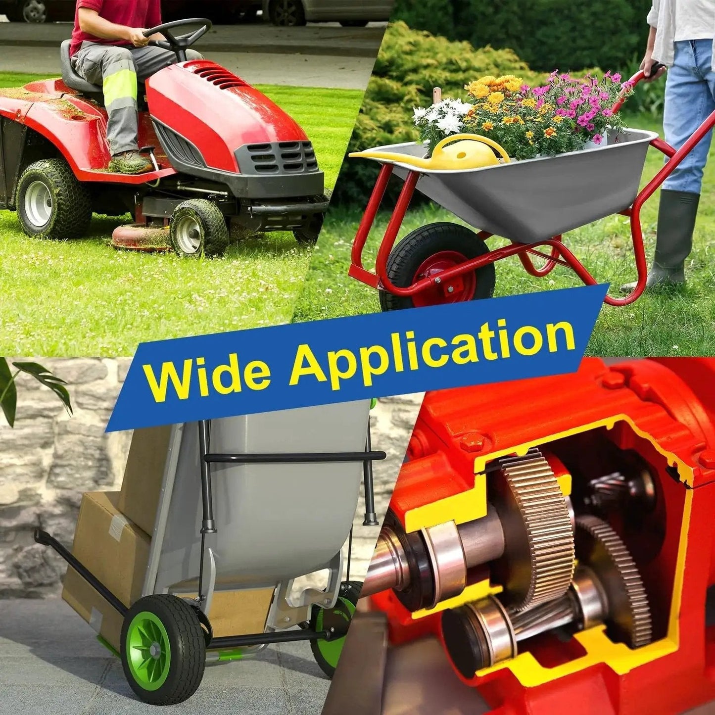 Collage showing various machinery applications, including a lawnmower, wheelbarrow, and gear system, highlighting versatility.