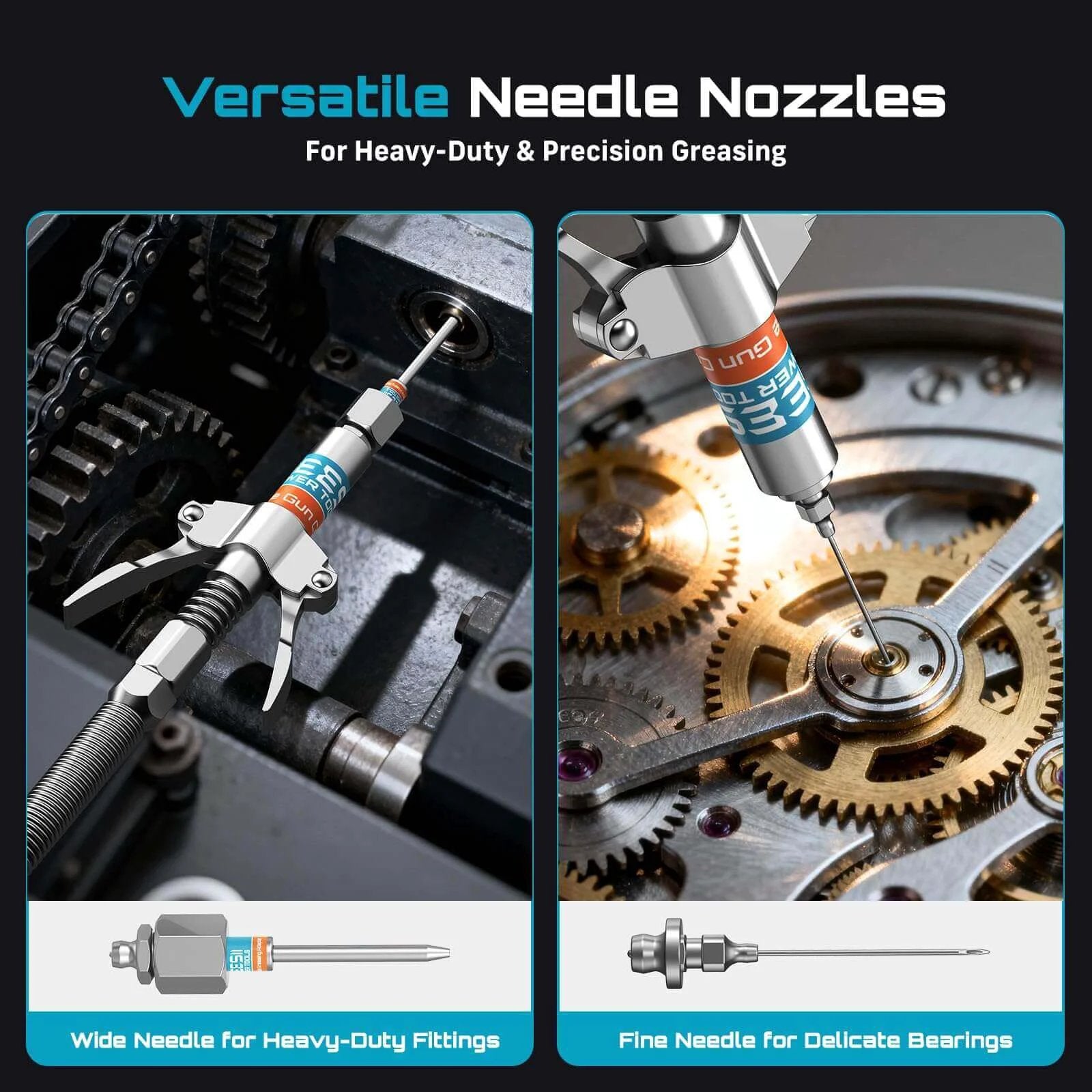 Close-up of versatile needle nozzles for precision greasing, featuring heavy-duty and delicate needle tips in action.