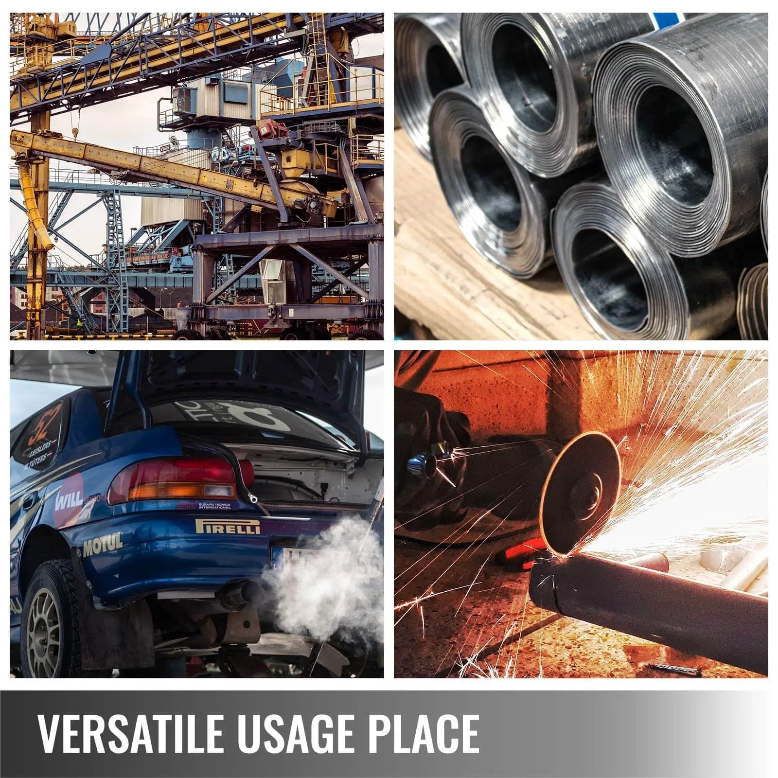 Industrial scene with construction site, metal rolls, car repair, and welding sparks showcasing versatile usage places.