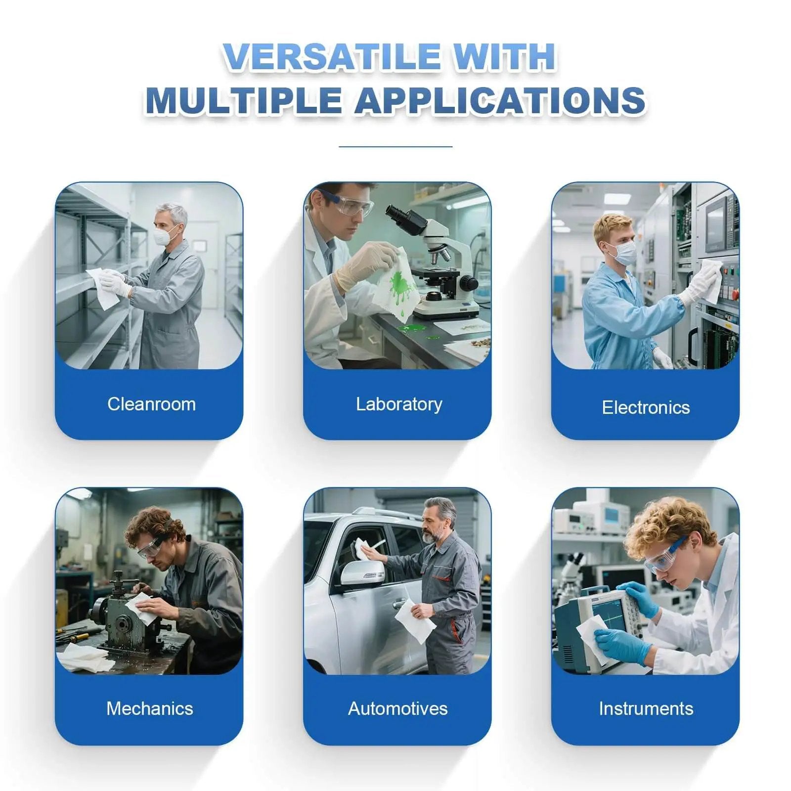 Collage showing applications of Lint Free Cleanroom Wipes 4x4 Inches 1200 Pack, suitable for labs, electronics, automotive, and more.