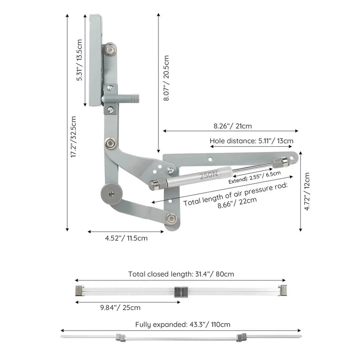 Door Hinges Set, Vertical Swing Lift Up Stay Pneumatic Arm Kitchen Mechanism Hinges with Slow Closing, showing dimensions