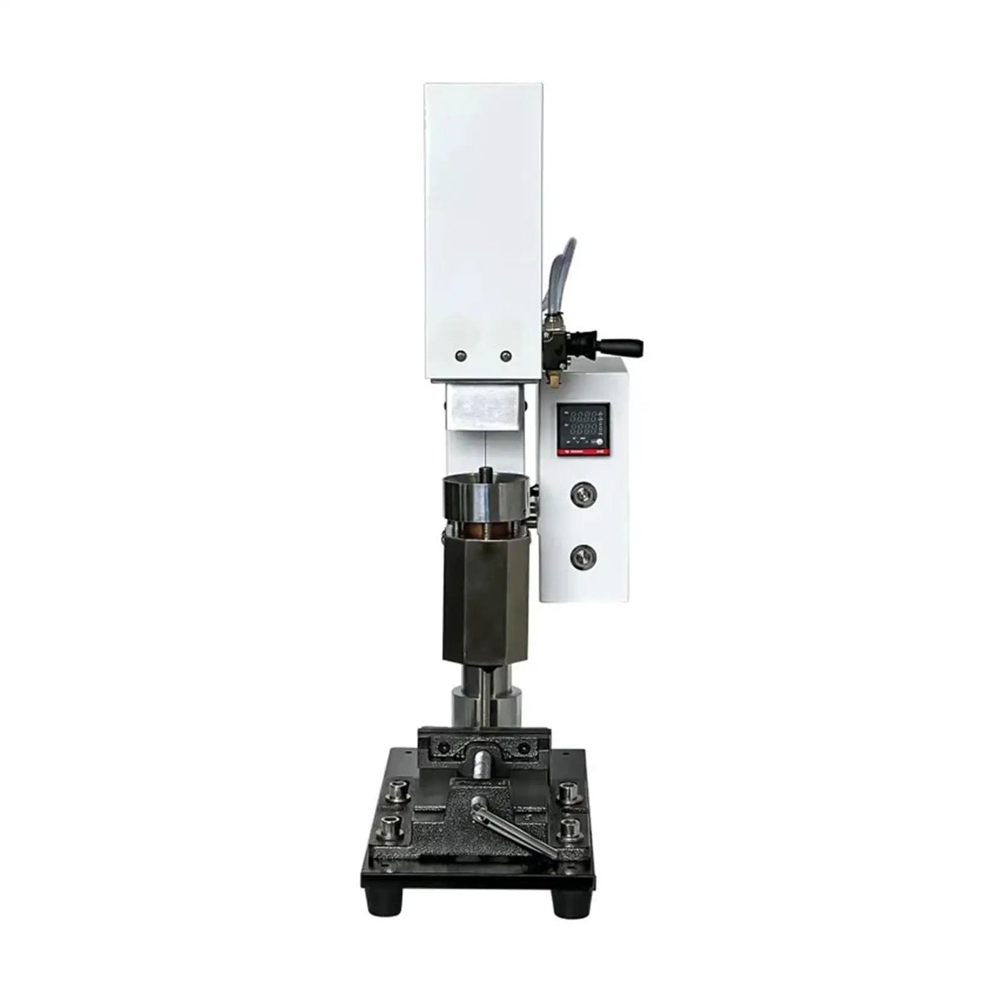 Front view of Compact 30g Vertical Injection Molding Machine for Lab Use, 220V Pneumatic Plastic Mold Equipment with precise temp control.