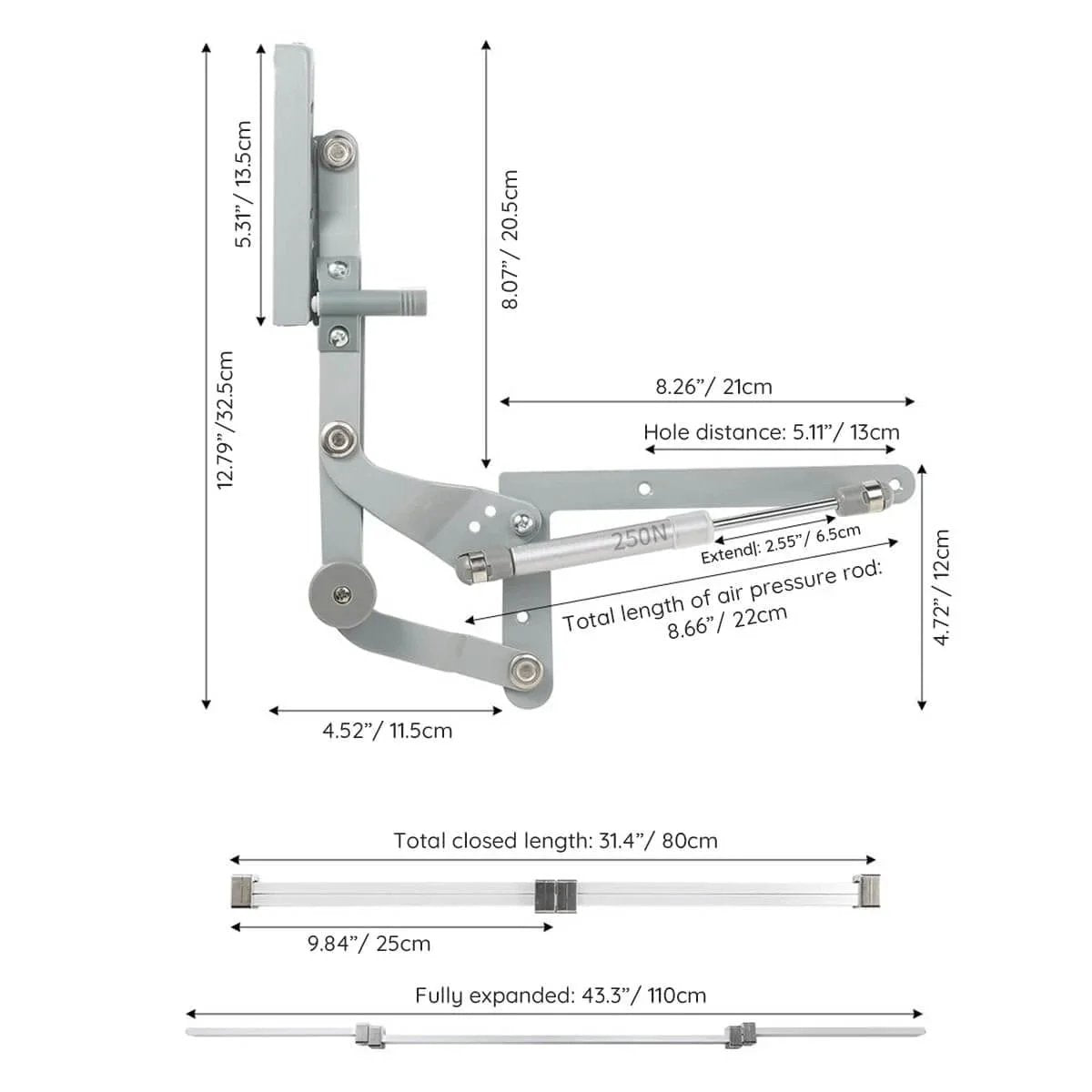 Technical diagram of Door Hinges Set, Vertical Swing Lift Up Stay Pneumatic Arm Kitchen Mechanism Hinges with measurements.