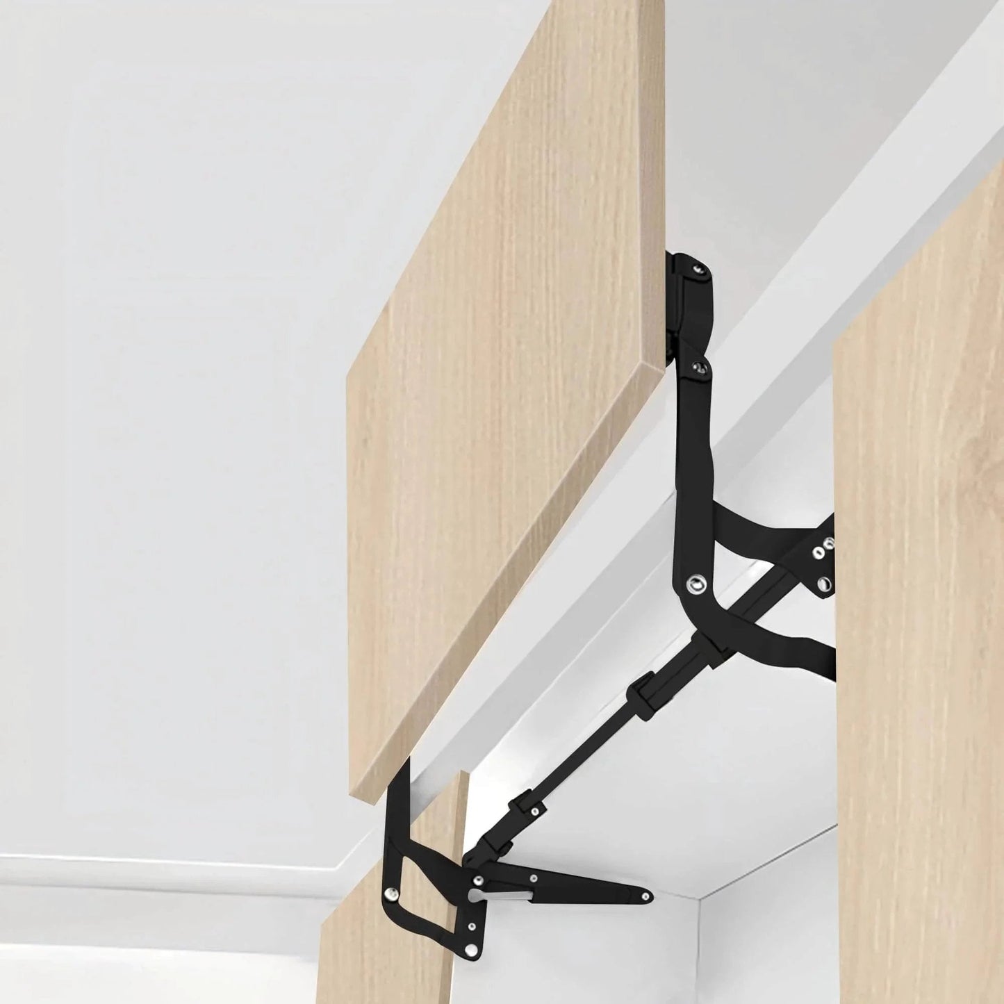 Vertical Lift Hinge, Vertical Swing Lift Pneumatic Arm Kitchen Mechanical Hinge Slow Closing in matte black installed on cabinet door.