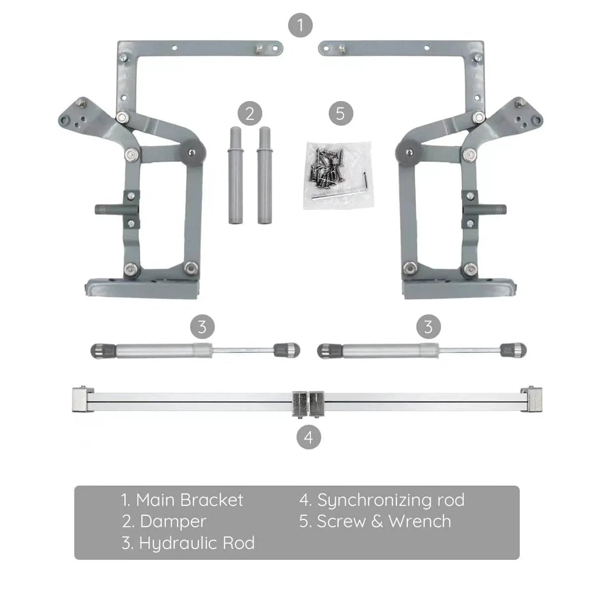 Door Hinges Set with Vertical Swing Lift Up Stay Pneumatic Arm, showing components and installation tools, suitable for cabinets.