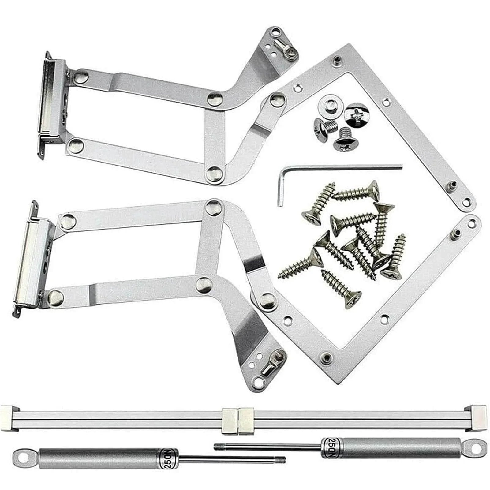 Vertical Swing Lift Up Stay Pneumatic for Cabinet Door hardware set including silver hinges, screws, and pneumatic arm mechanism