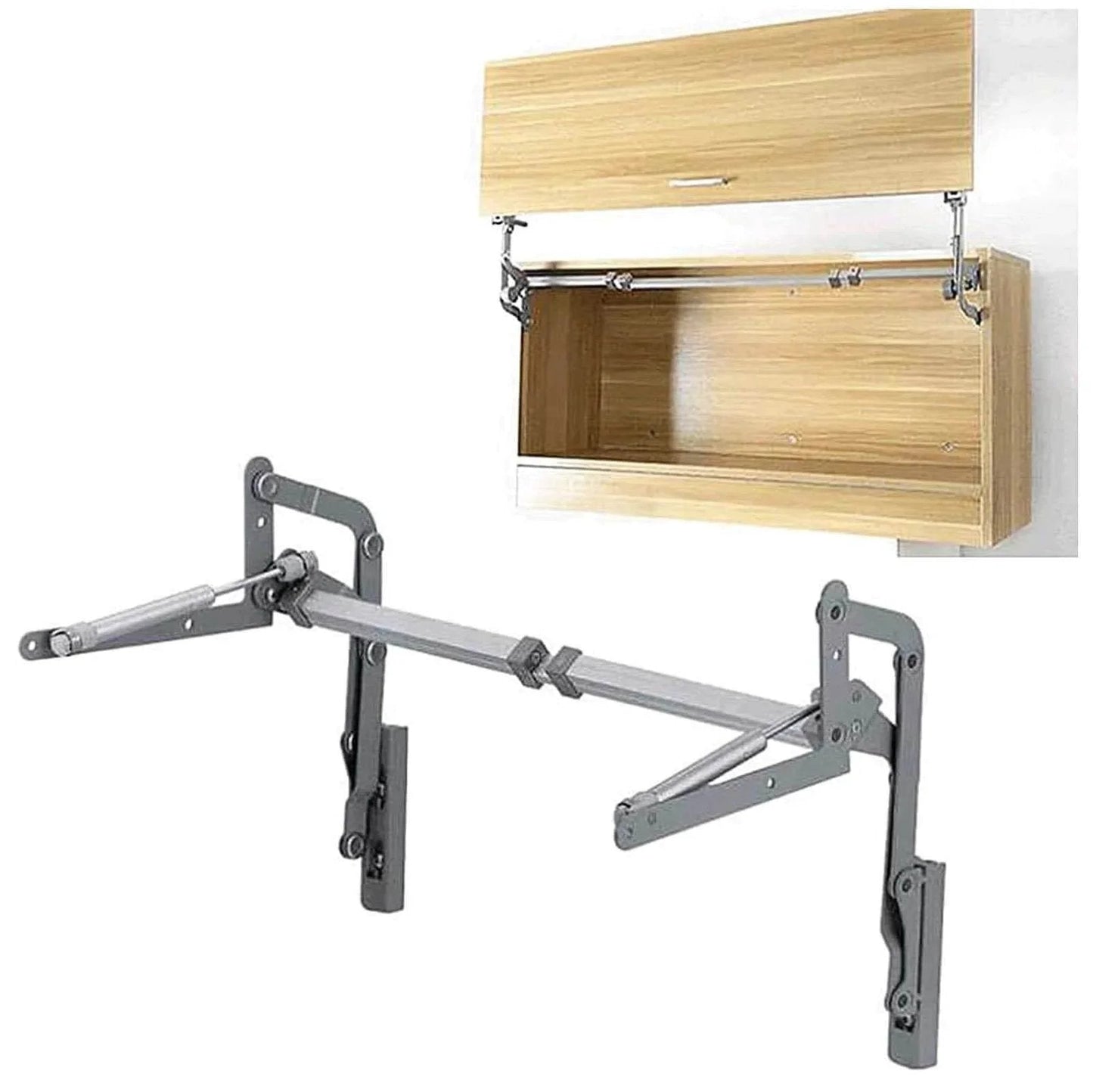 Vertical Swing Lift Up Stay Pneumatic for Cabinet Door - Durable Silent Folding Hardware, Silver, showing smooth arm mechanism with open cabinet