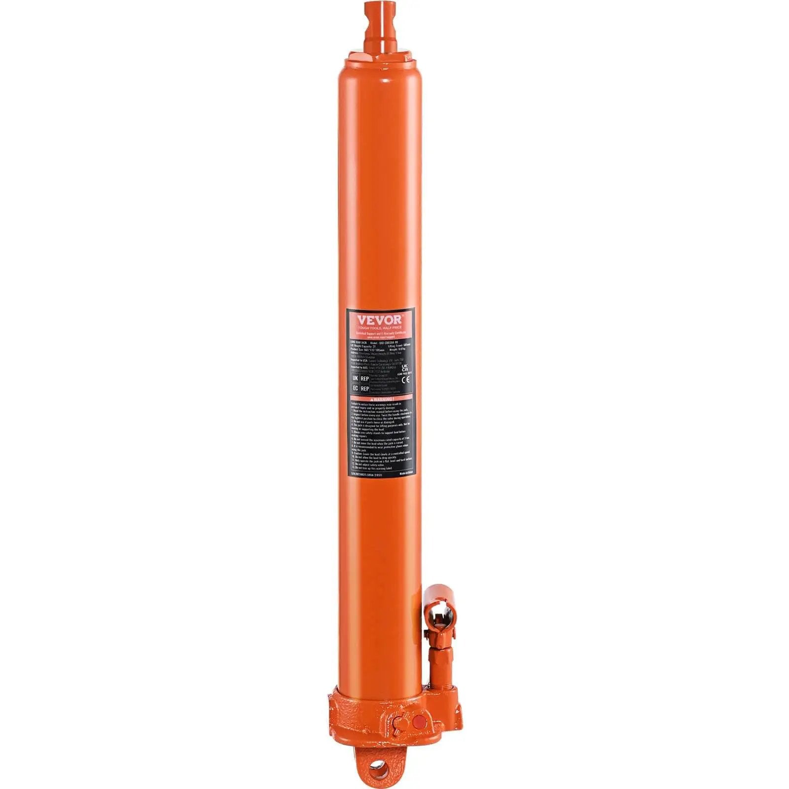Heavy Duty 3 Ton Hydraulic Long Ram Jack For Engine Hoists And Garage Cranes With Clevis Base Slow Release Lift And Adjustable Height From 26.2 Inches To 46 Inches Ideal For Engine Lifts Farm And Shop Use VEVOR, orange cylinder side view