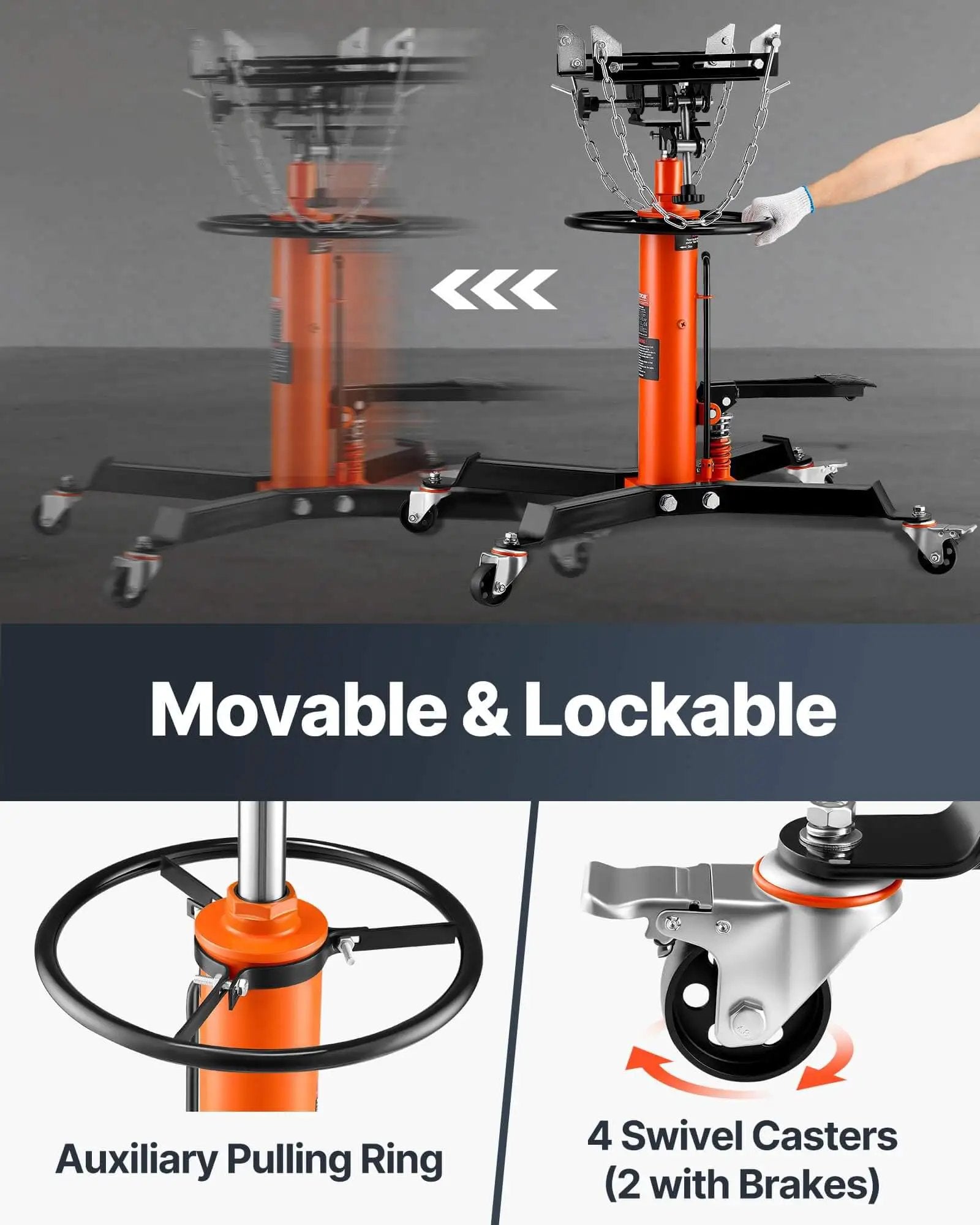 Beefy Transmission Jack With 1322 Lb Capacity For Cars And Light Trucks, featuring 360-degree swivel wheels and lockable brakes.
