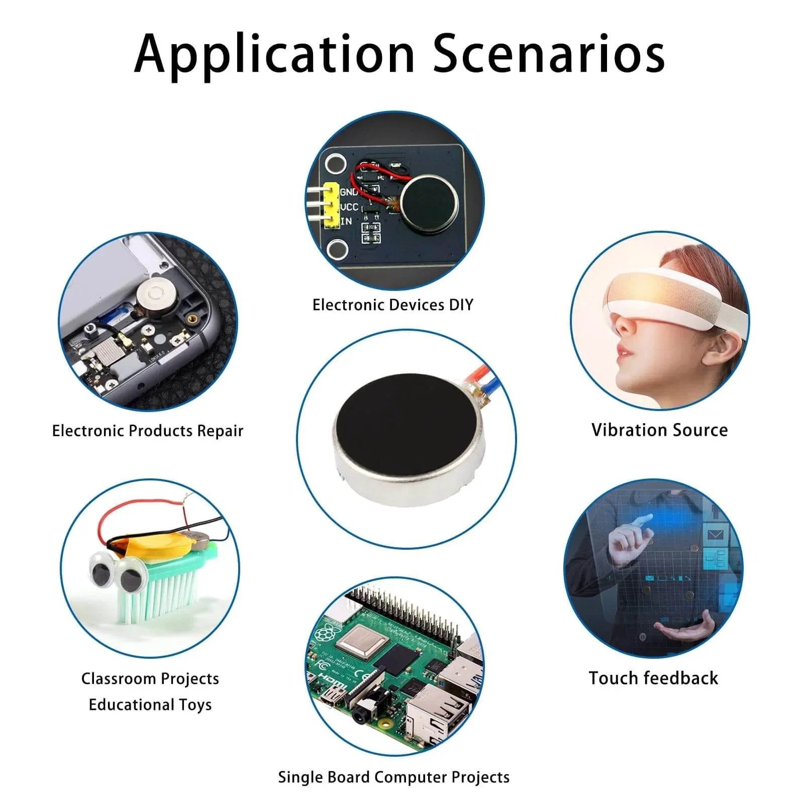 Diagram showing applications of 20PCS Vibration Motor DC3V 12000rpm Mini Vibration Motor for projects and repairs