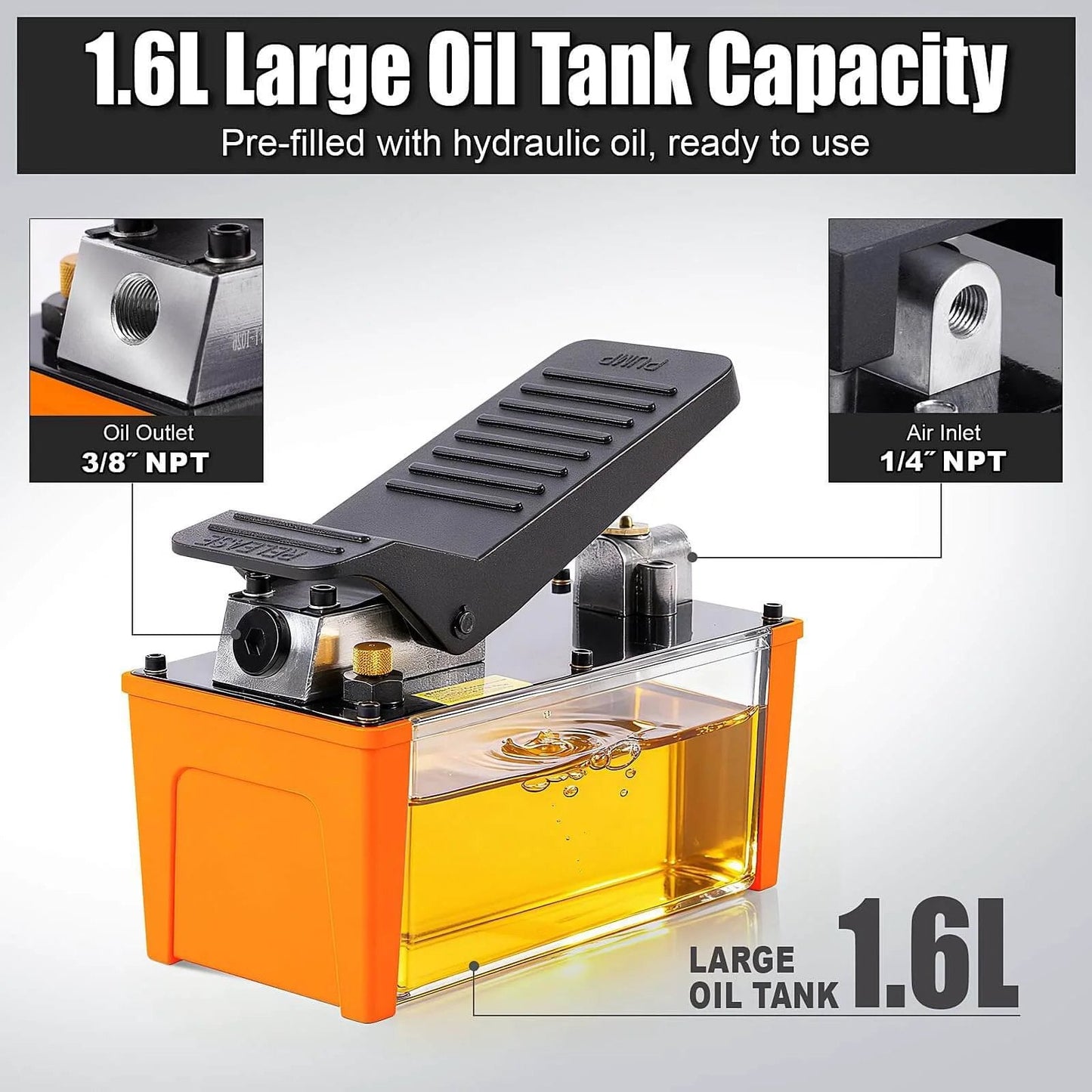 VigorTrek Air Hydraulic Pump, 10,000 PSI, NPT 3/8" Outlet & 1/4" Inlet, with large 1.6L oil tank and foot pedal, orange