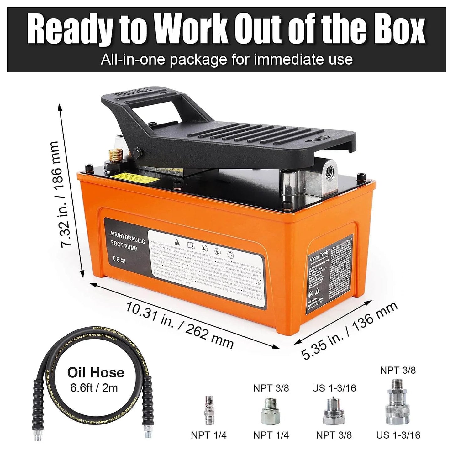 VigorTrek Air Hydraulic Pump, 10,000 PSI, NPT 3/8" Outlet & 1/4" Inlet, Foot Pedal, 6.6 ft Hose, with dimensions and oil coupler