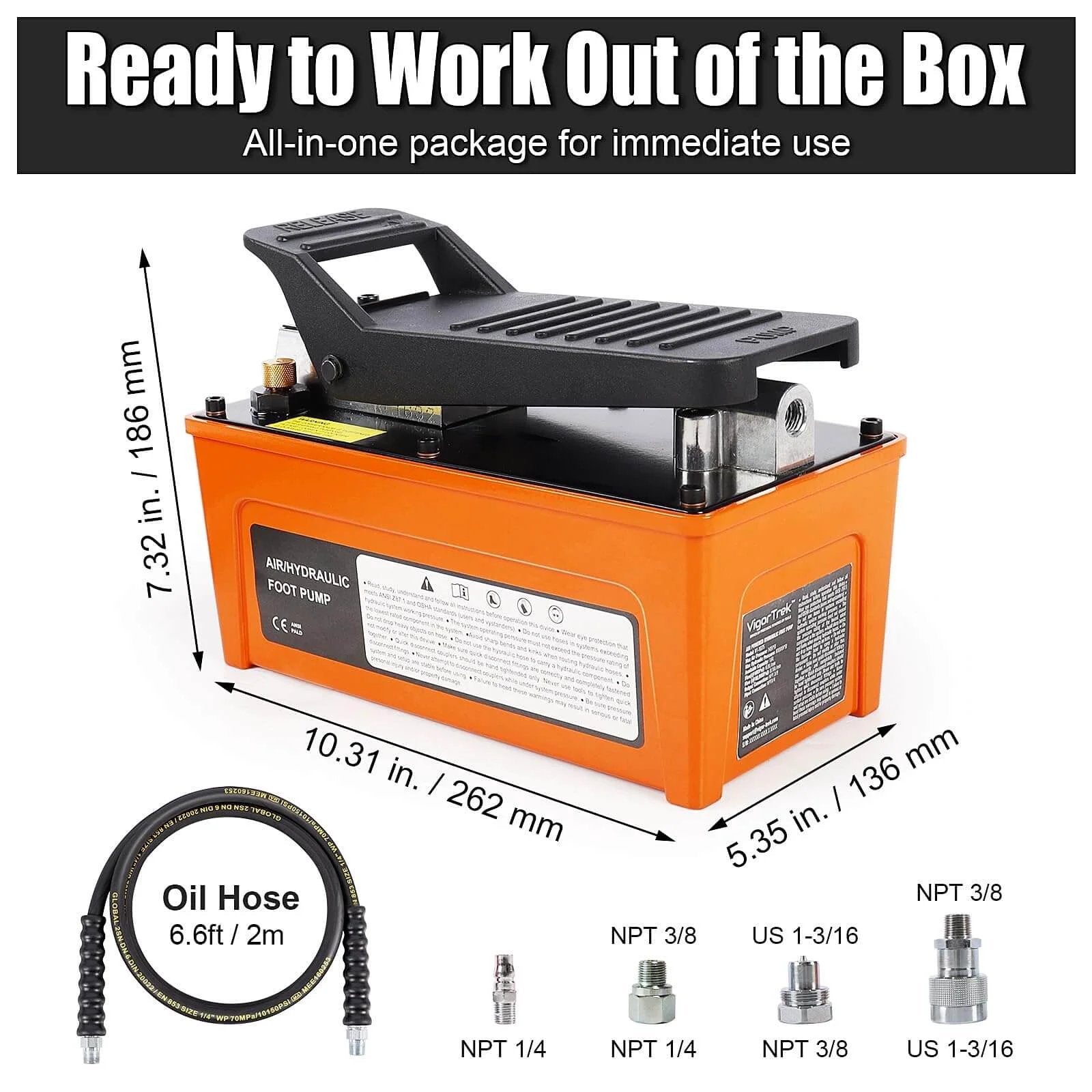 VigorTrek Air Hydraulic Pump, 10,000 PSI, NPT 3/8" Outlet & 1/4" Inlet, Foot Pedal, 6.6 ft Hose, with dimensions and oil coupler