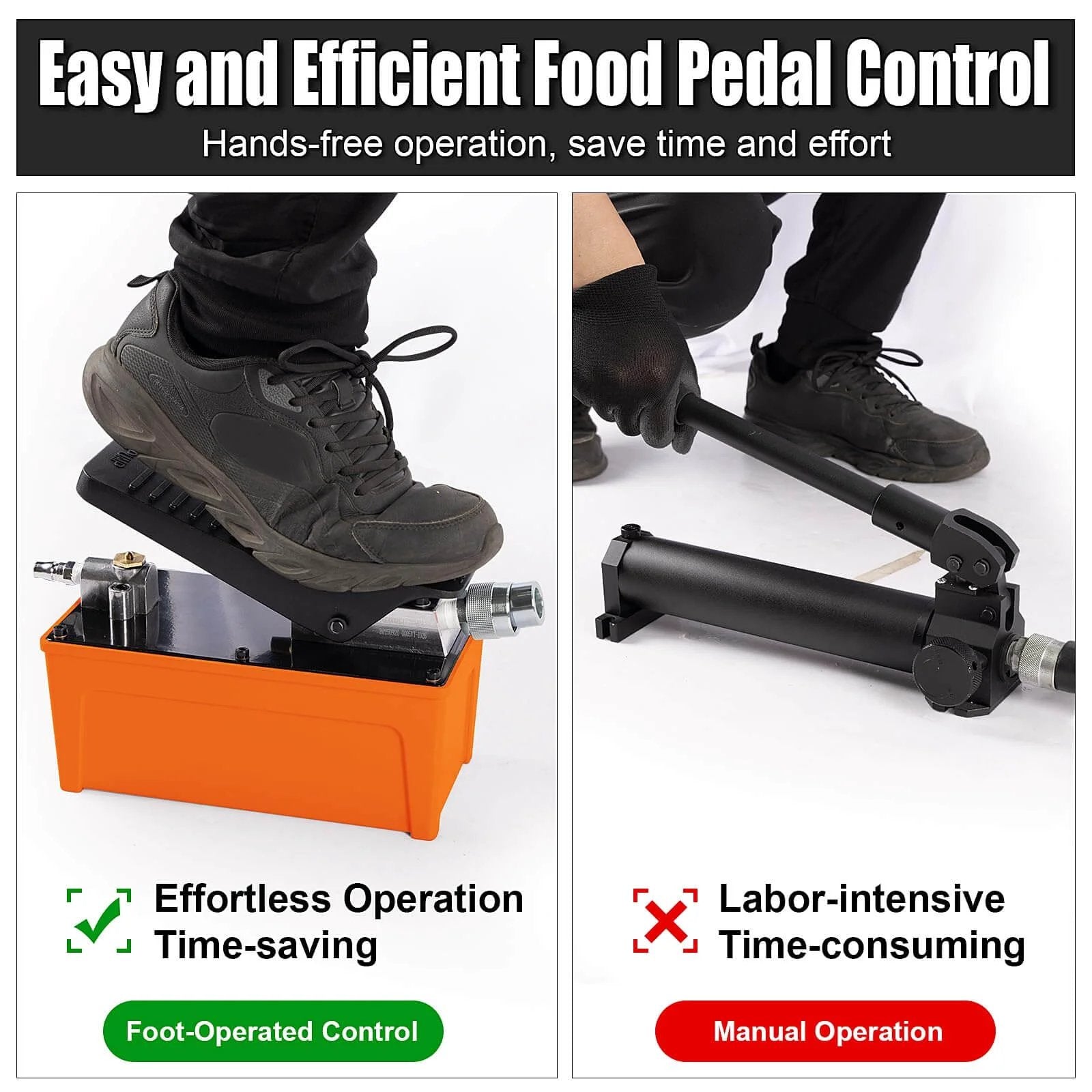 Comparison of VigorTrek Air Hydraulic Pump foot pedal vs manual operation, showing ease and efficiency with orange pump and user's foot.