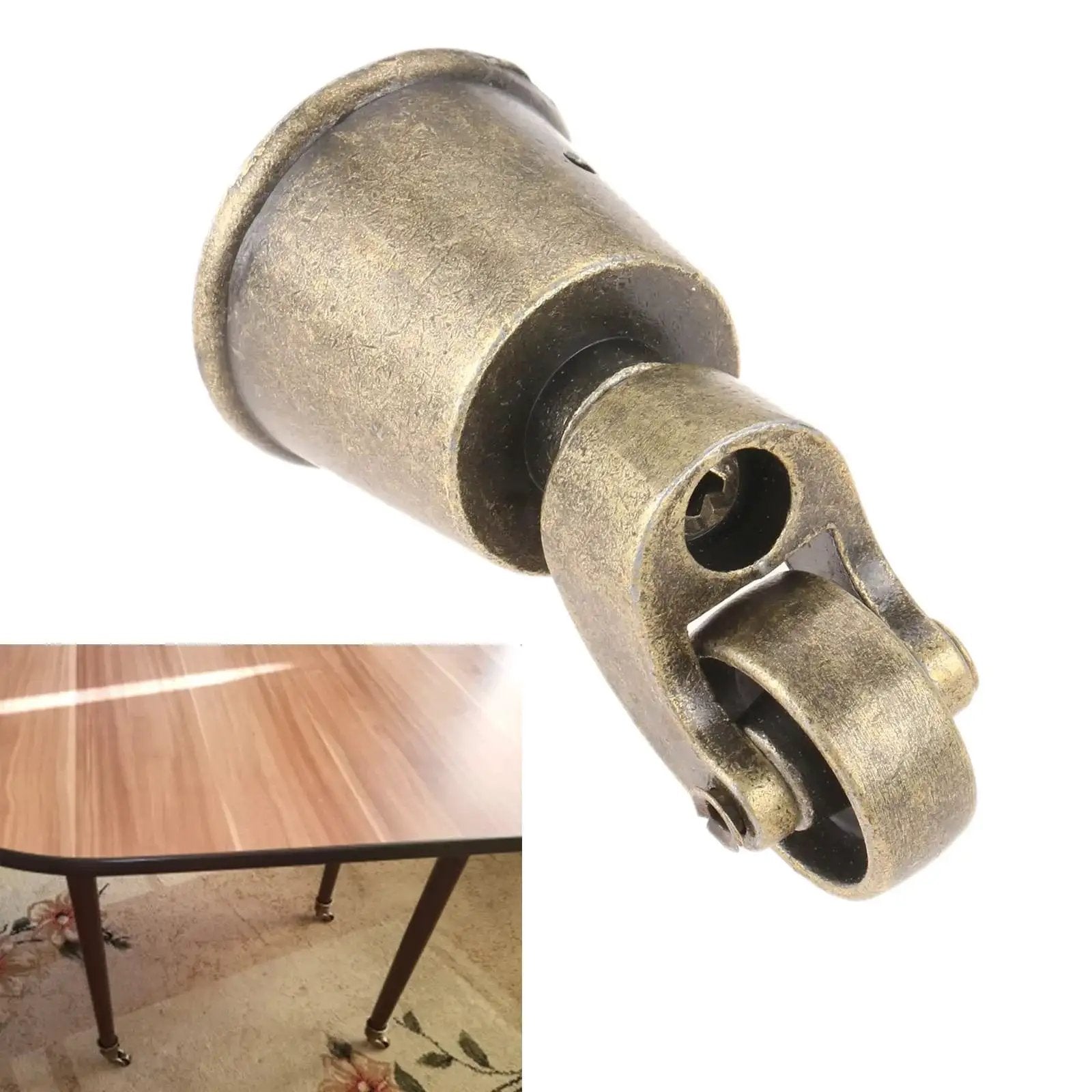 Vintage Bronze Swivel Cup Caster Set 4 Pieces, Universal Metal Pulley Wheel Casters For Chairs Tables Sofas Cabinets And Other Furniture Hardware, Anti Rust Zinc Alloy Construction For Durable, Smooth Rolling Movement visible with caster installed on table