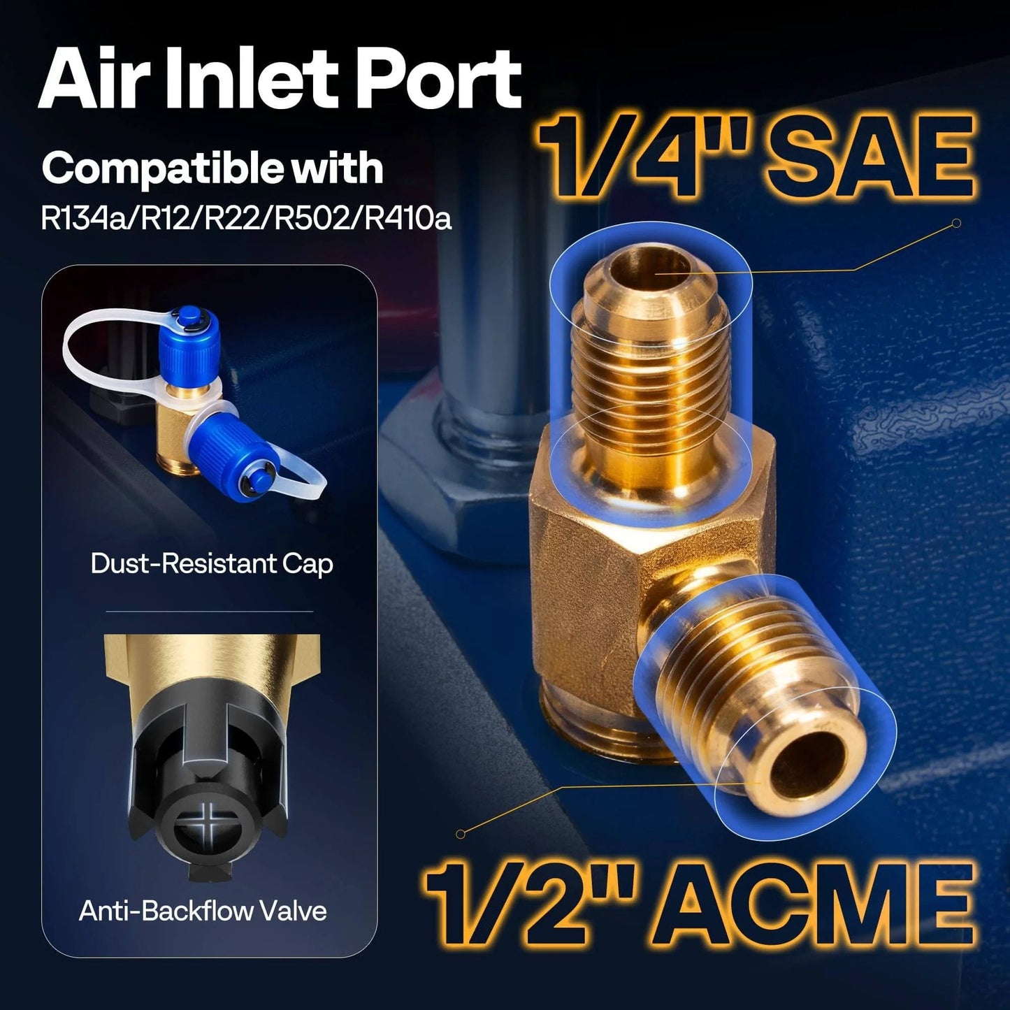 Air inlet port of VIVOHOME 5 CFM 1/2 HP 2 Stage HVAC Vacuum Pump for R134a R12 R22 R502 R410a Systems showing 1/4 SAE and 1/2 ACME