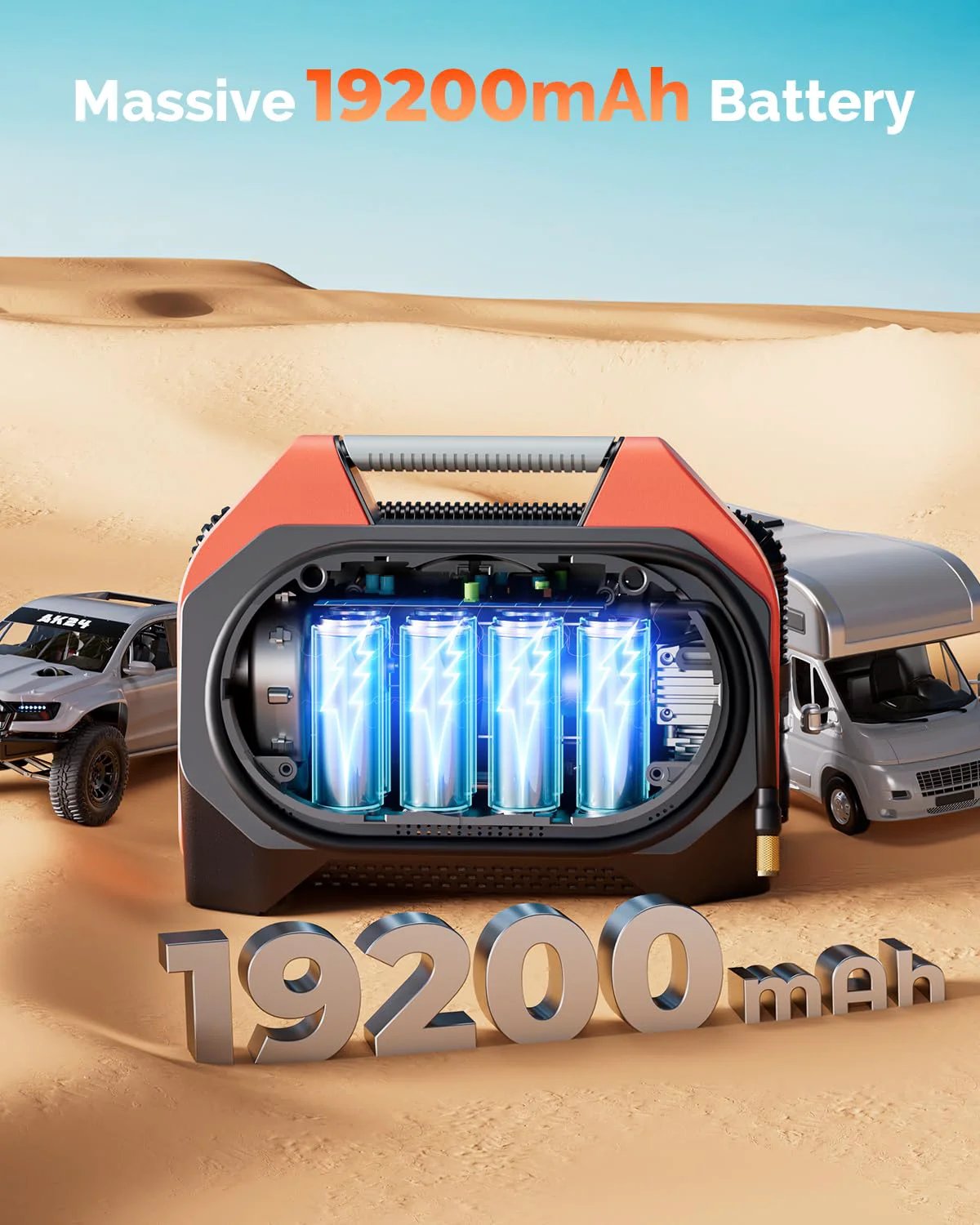 Close-up of Vortex S6 Cordless Tire Inflator For Heavy Duty Vehicles And Cars With 19200 mAh Battery showing battery compartment.