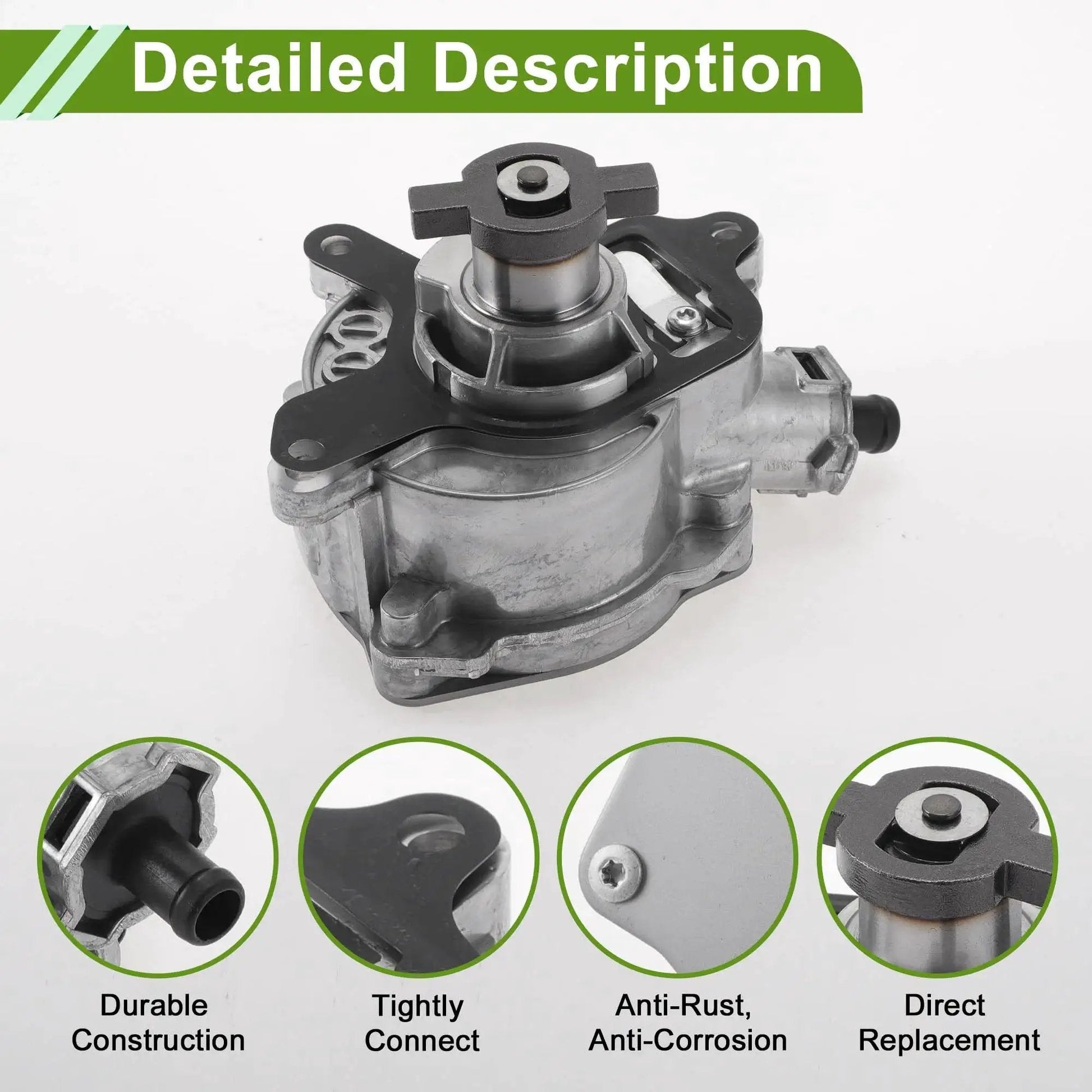 Close-up of Aluminum Brake Vacuum Pump for VW and Audi showing durable construction and anti-rust features.