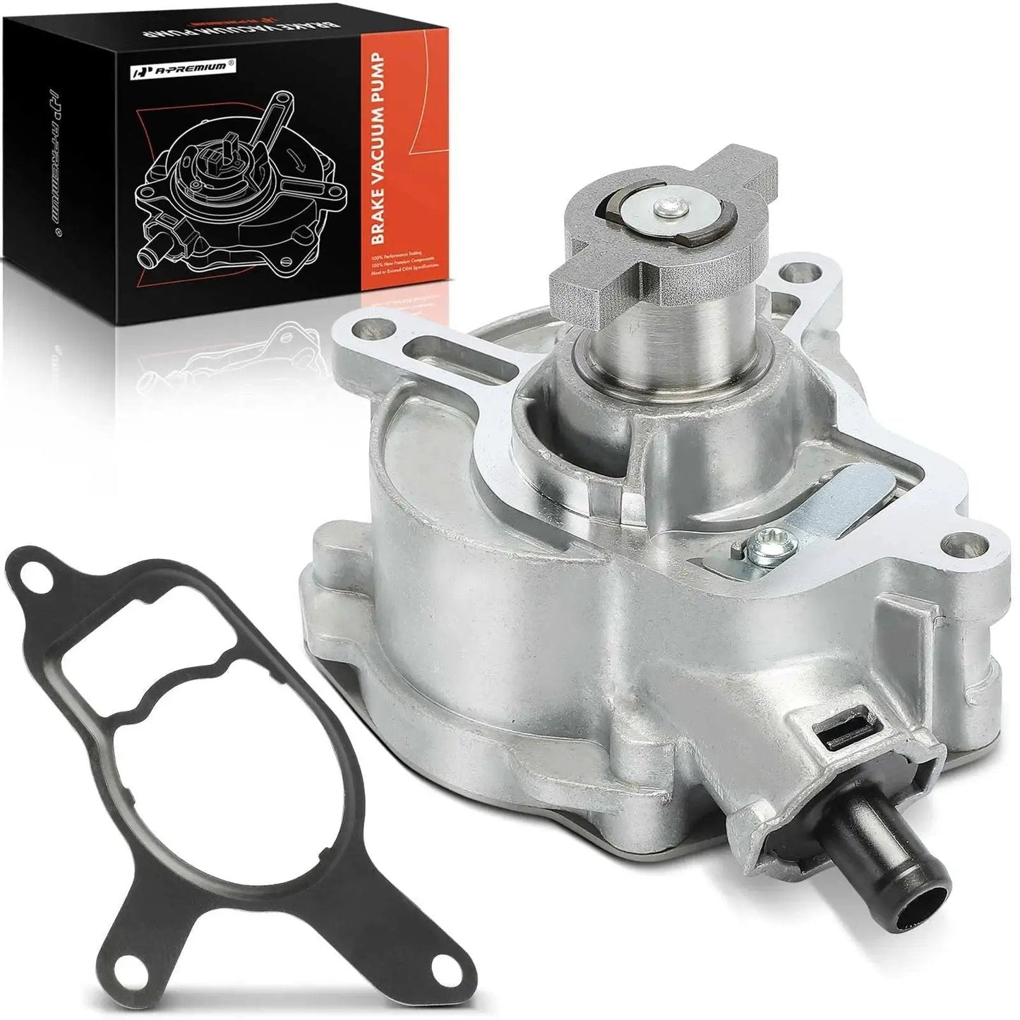 Solid Vacuum Pump For VW And Audi Cars That Fits Jetta 2005 To 2014 with packaging and gasket included, front view.