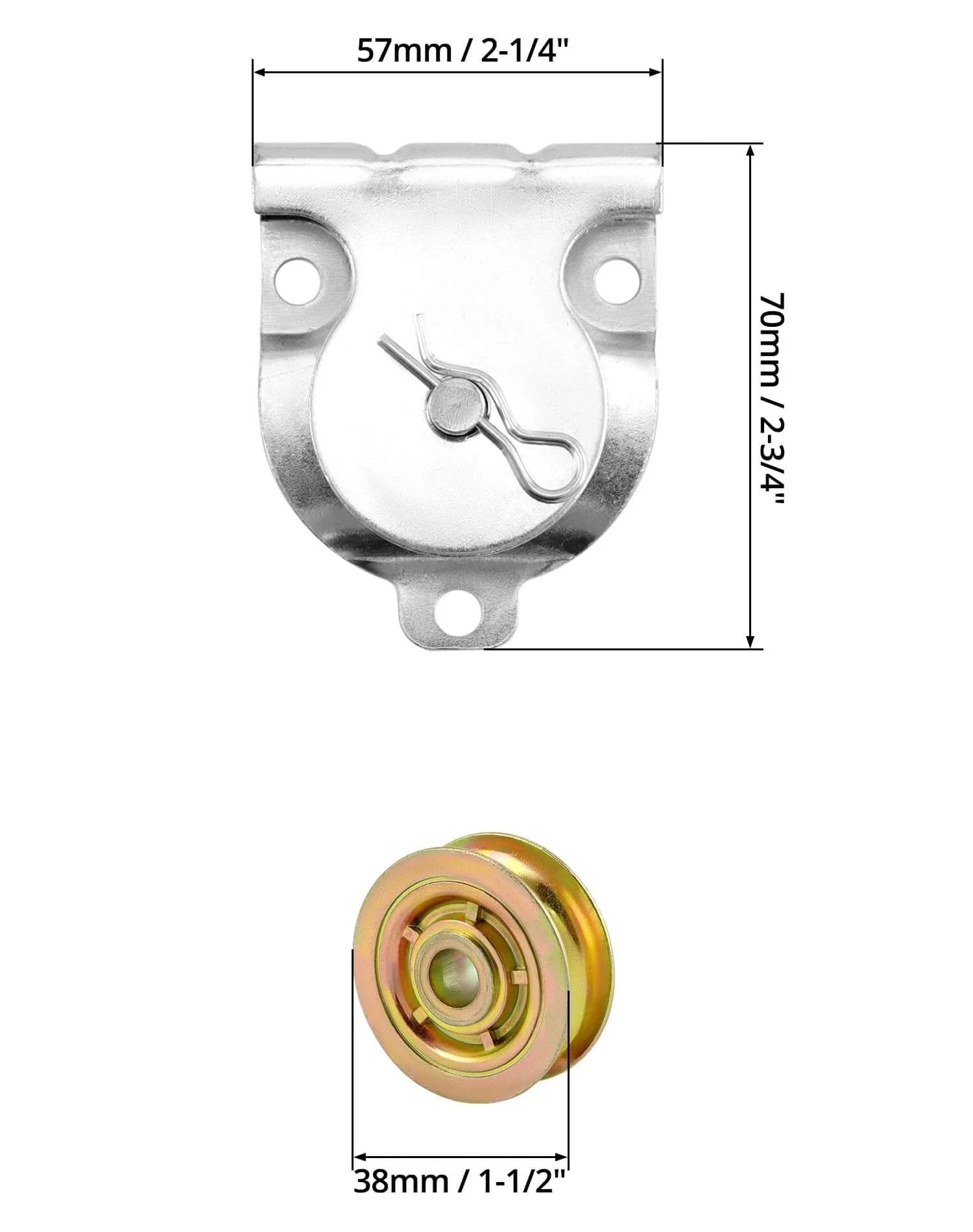 Wall Mount Pulleys, 6 Pcs 1-1/2" Ceiling Mount Single Pulley V-Groove Pulley Hardware Accessories for 3/8" Wire or Rope, Working Load 420 Lbs, front view showing metal construction and dimensions.