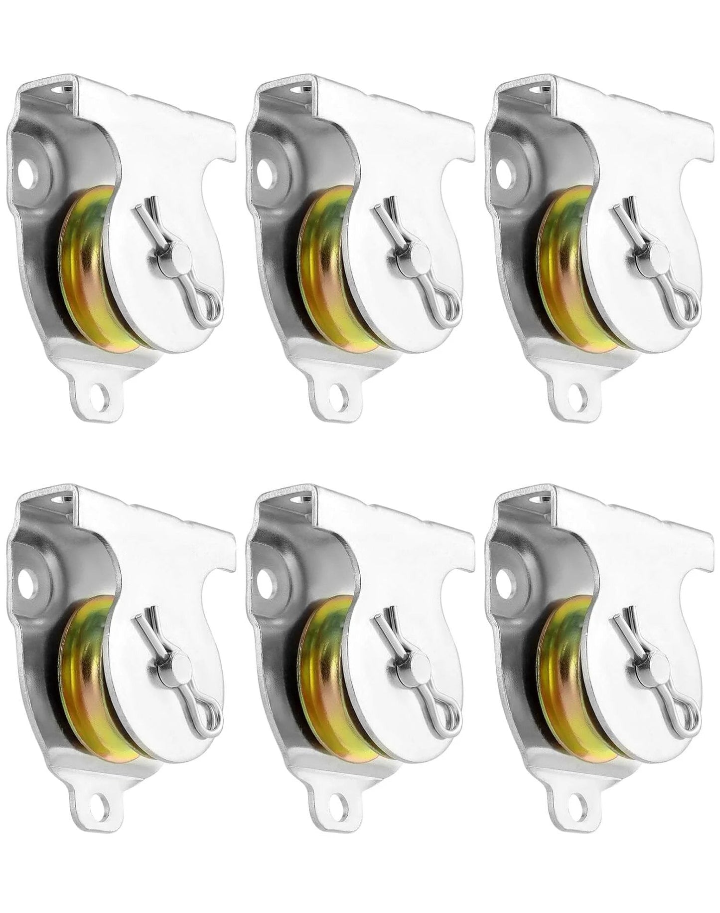 Front view of 6 pcs 1-1/2" wall mount pulleys, V-groove, 420 lbs working load, for 3/8" wire or rope, ceiling or wall mount hardware.