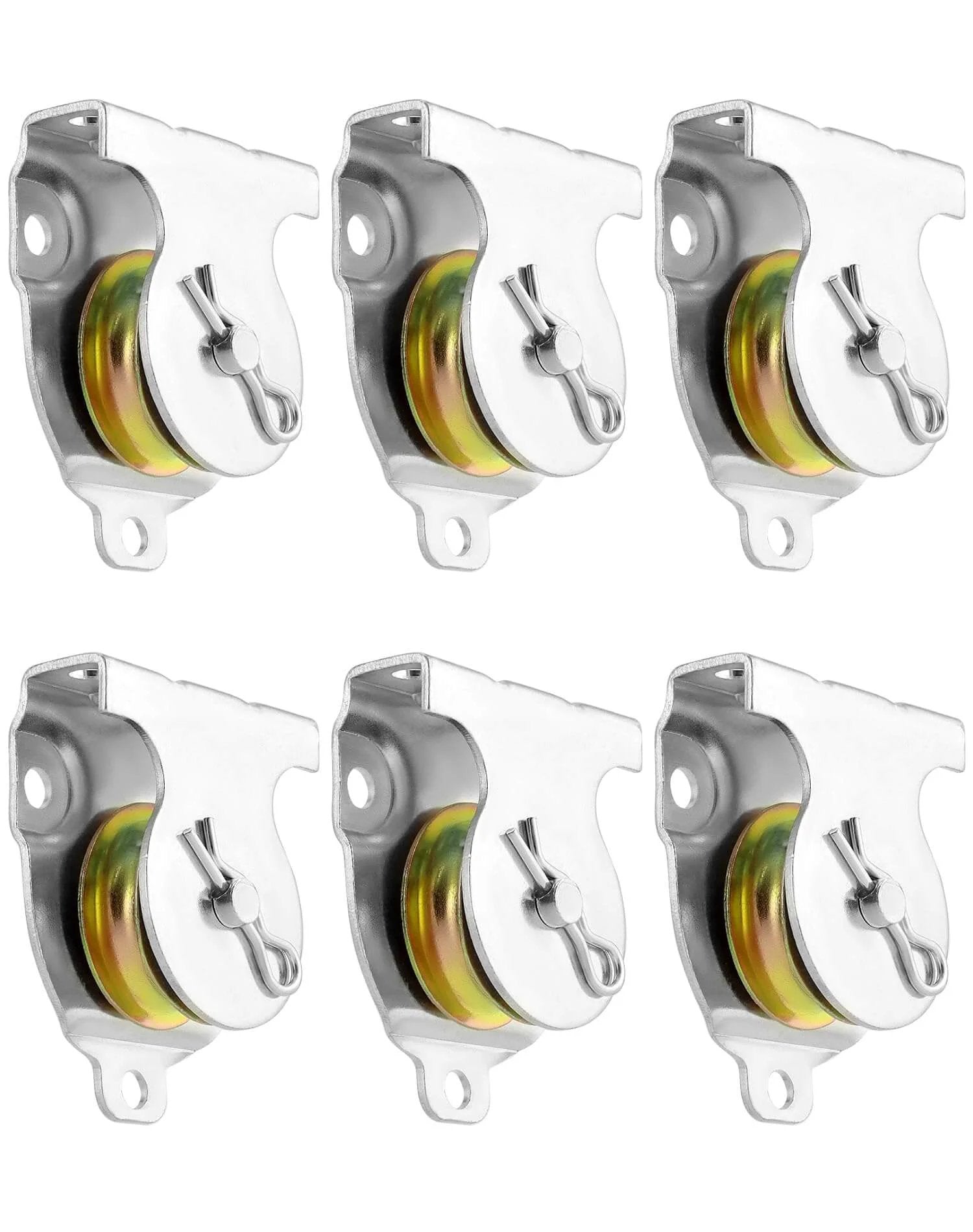 Front view of 6 pcs 1-1/2" wall mount pulleys, V-groove, 420 lbs working load, for 3/8" wire or rope, ceiling or wall mount hardware.