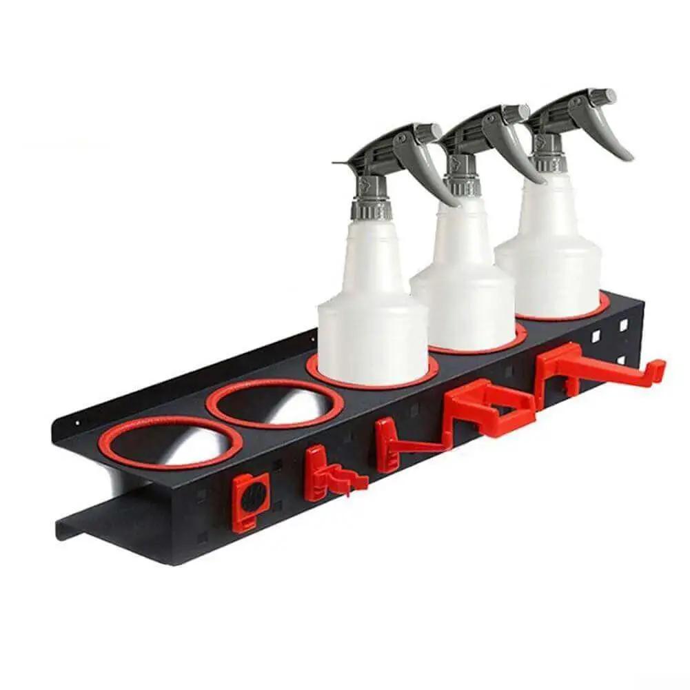 Wall Mounted Spray Bottle Rack With Five Hooks Heavy Duty Cold Rolled Steel Organizer for car wash bottles and cleaning supplies