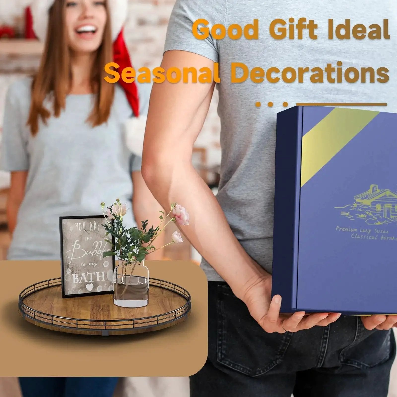 Walnut Wood 18 Inch Lazy Susan Turntable Organizer displayed with gift box in a festive setting.