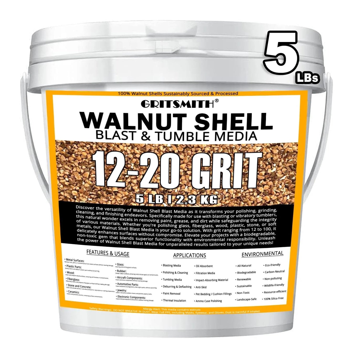 12-20 Grit Ground Walnut Shell Media for gentle blasting and polishing, 5 Lbs, silica-free 0.85-1.70 mm grit, ideal for soft metals, wood, plastic, jewelry and gems, delivering smooth finishes in tumblers, vibratory polishers and hobby projects