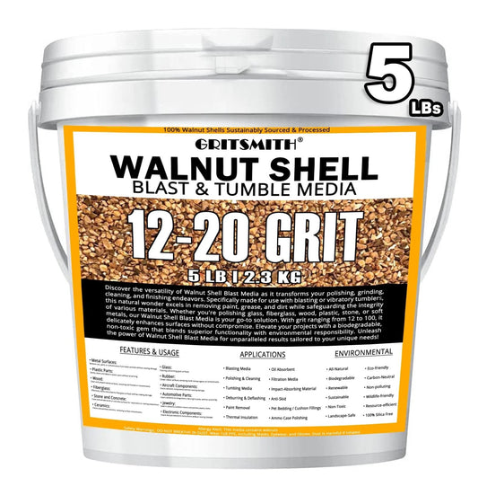 12-20 Grit Ground Walnut Shell Media for gentle blasting and polishing, 5 Lbs, silica-free 0.85-1.70 mm grit, ideal for soft metals, wood, plastic, jewelry and gems, delivering smooth finishes in tumblers, vibratory polishers and hobby projects