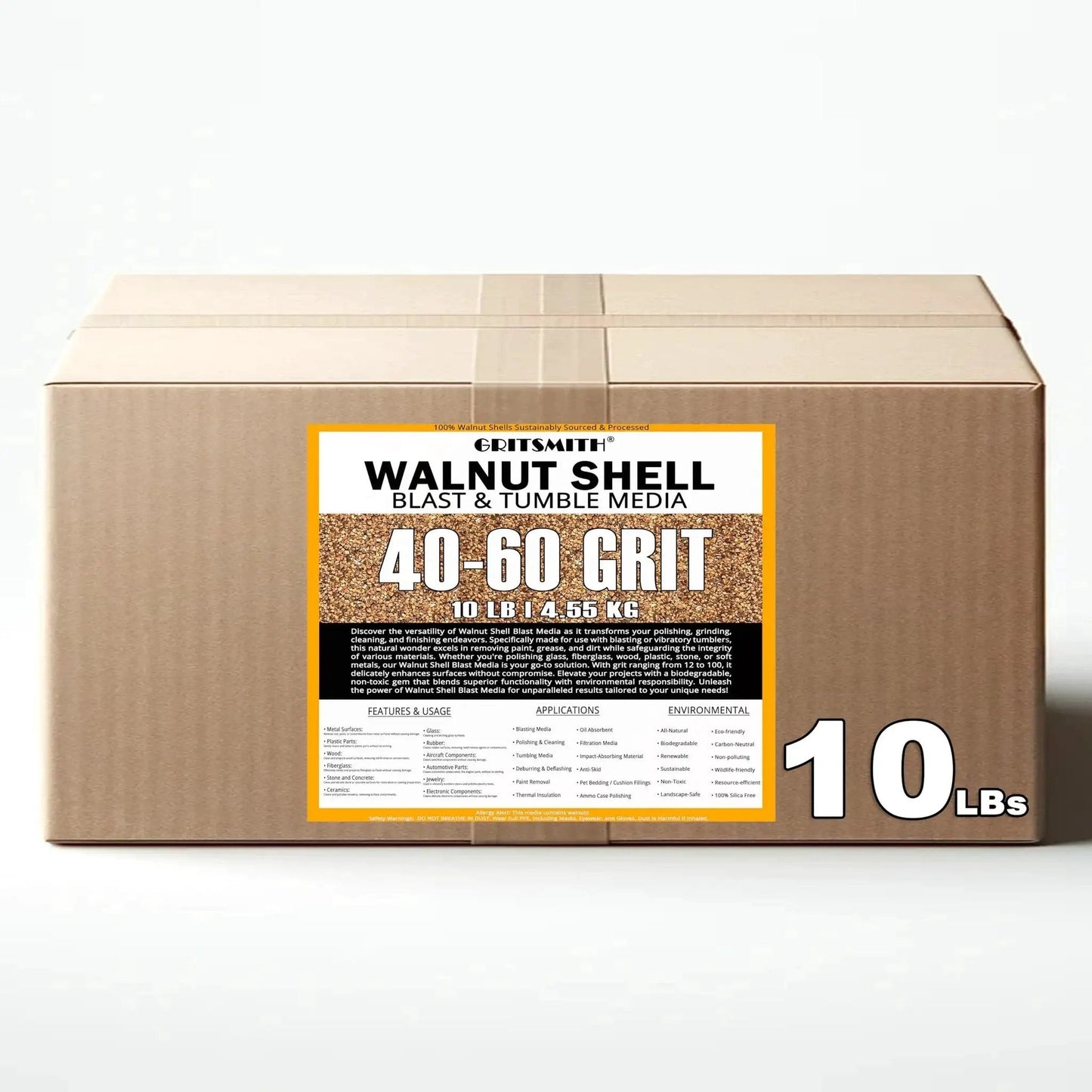 Fine 40 60 Grit Walnut Shell Media for gentle blasting, tumbling, and polishing in a 10 lb pack with product label visible