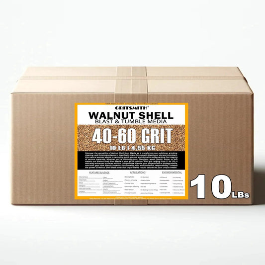 Fine 40 60 Grit Walnut Shell Media for gentle blasting, tumbling, and polishing in a 10 lb pack with product label visible