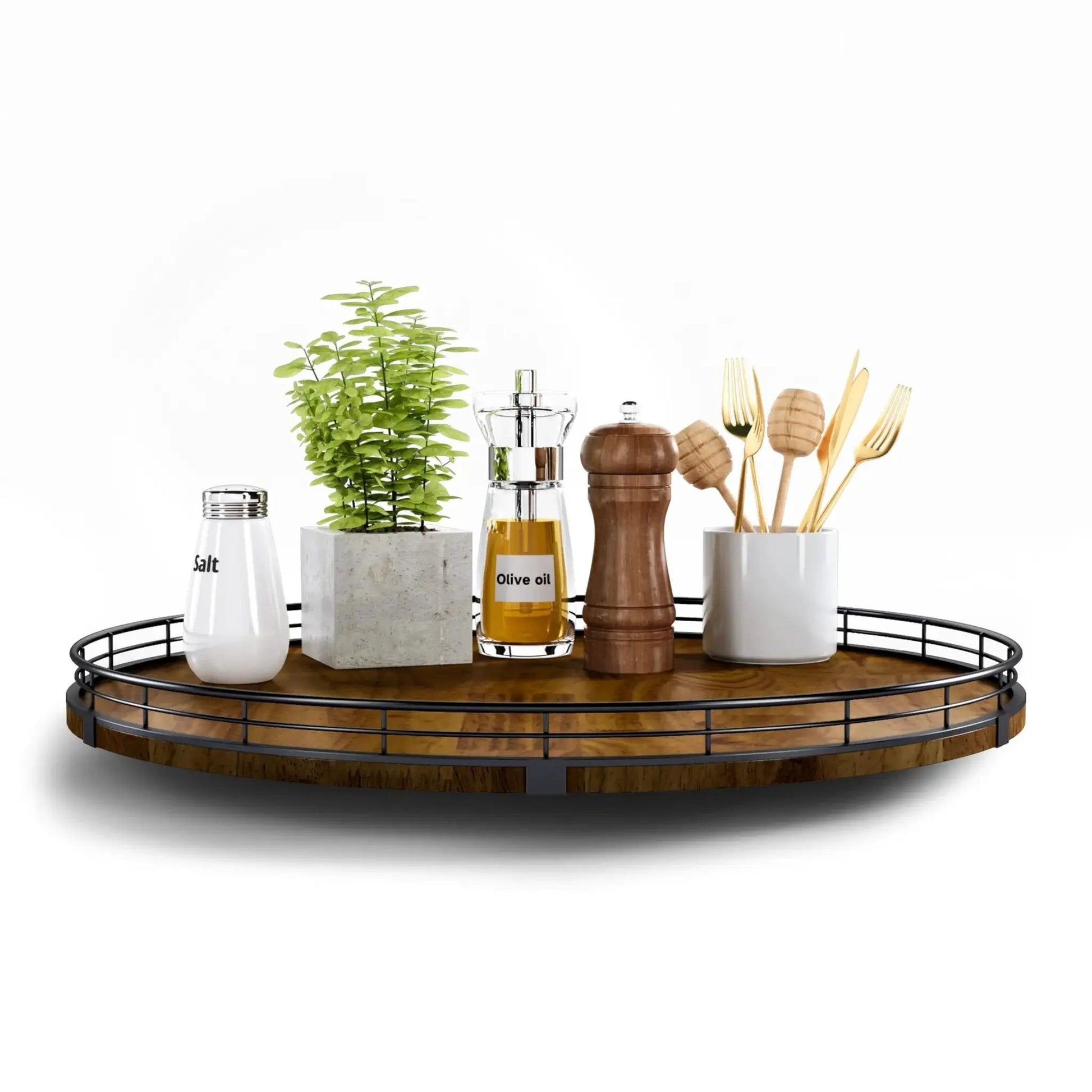 Walnut Wood 18 Inch Lazy Susan Turntable Organizer with spices and decor, ideal for cabinet and countertop kitchen storage.