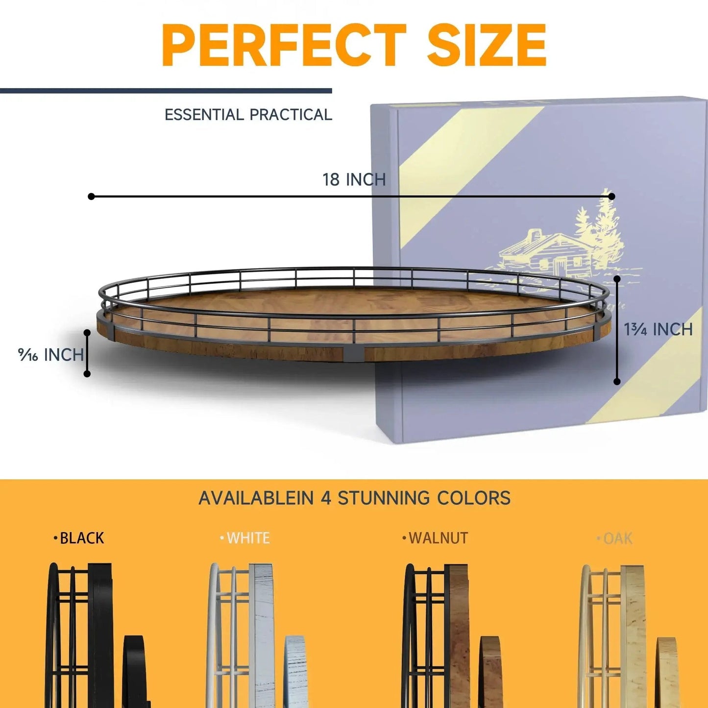 Dimensions and color options for the Walnut Wood 18 Inch Lazy Susan Turntable Organizer for Cabinet and Countertop.