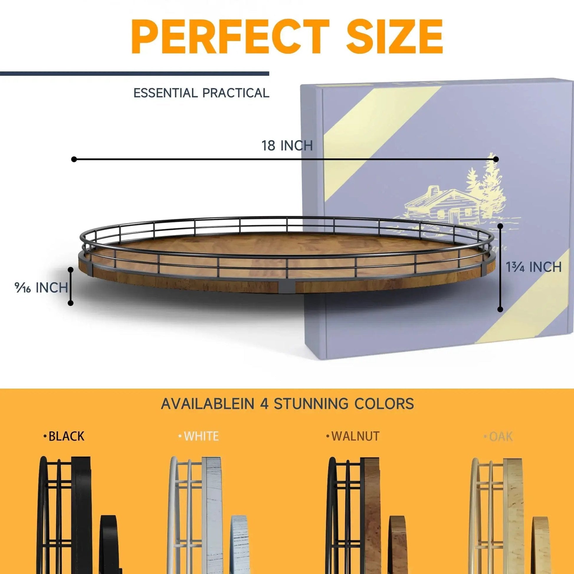 Dimensions and color options for the Walnut Wood 18 Inch Lazy Susan Turntable Organizer for Cabinet and Countertop.