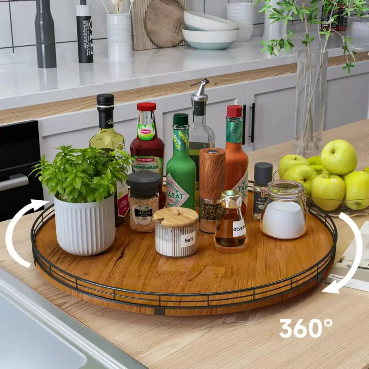 Round 21 Inch Walnut Wooden Lazy Susan Turntable Organizer For Cabinets Dining Table Kitchen Countertops Pantry Cupboard Storage Premium Solid Wood Durable Food Safe Home Decor Accessory with condiments and bottles on countertop.