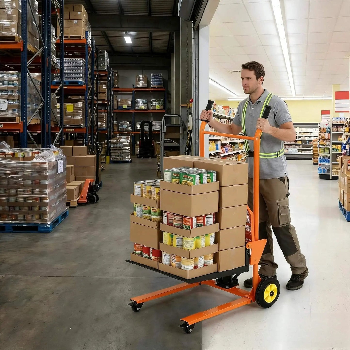 Workhorse Heavy Duty Hydraulic Material Lift With Steel Platform Board 450 Lb Capacity in warehouse handling boxes